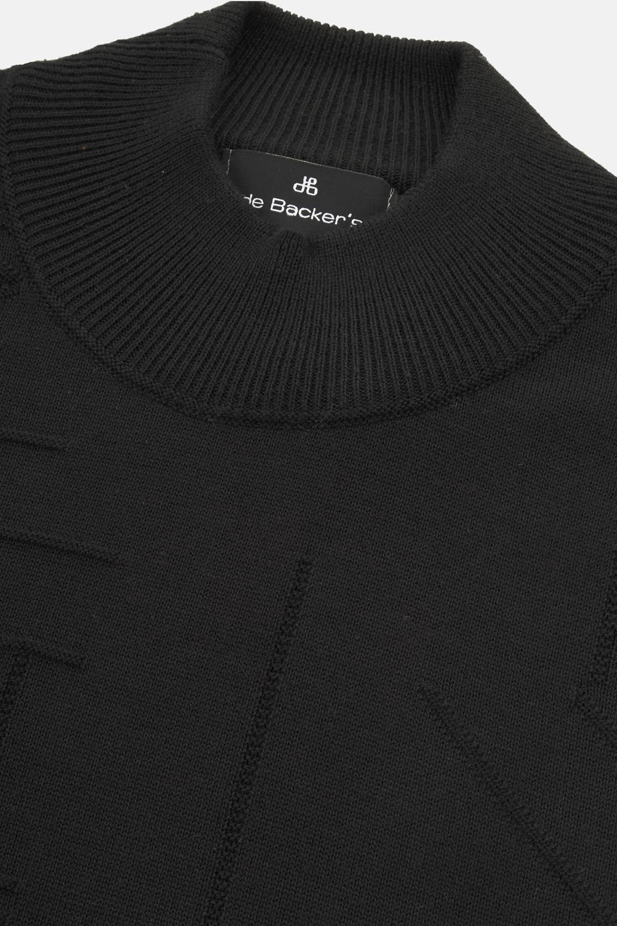 Jacquard Knitted Mock Neck Black Pullover - 2