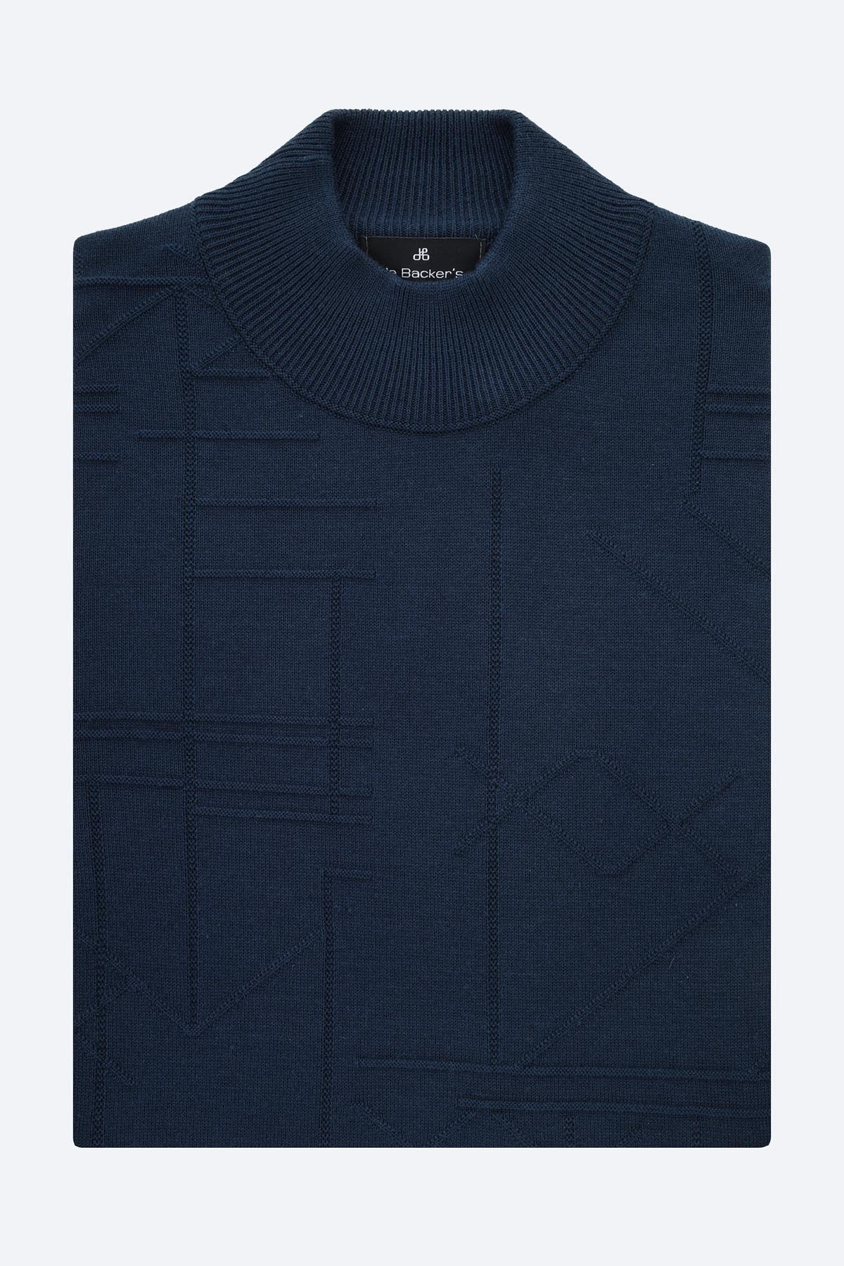 Jacquard Knitted Mock Neck Navy Pullover - 1