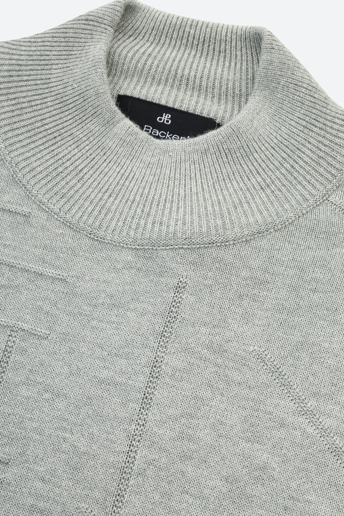 Jacquard Knitted Mock Neck Gray Pullover - 2