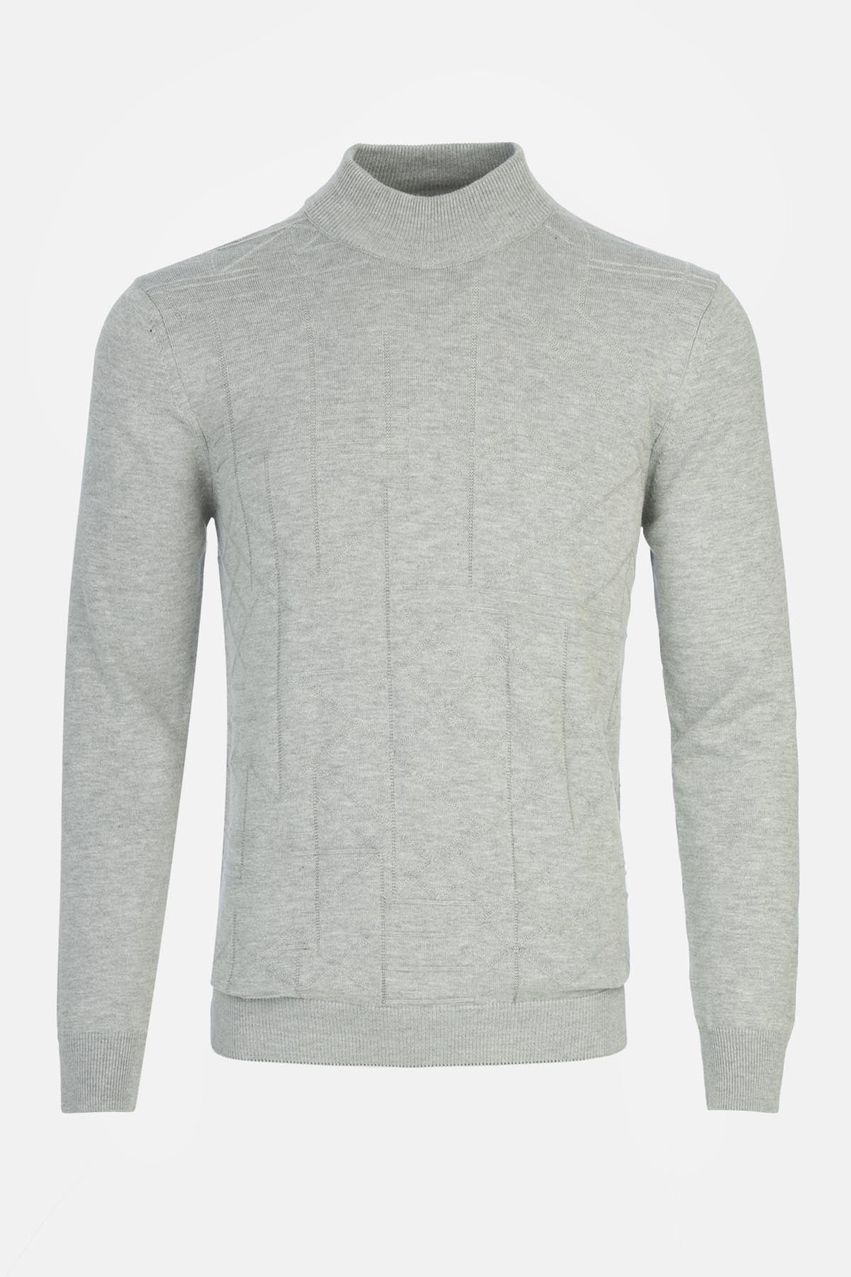 Jacquard Knitted Mock Neck Gray Pullover - 4