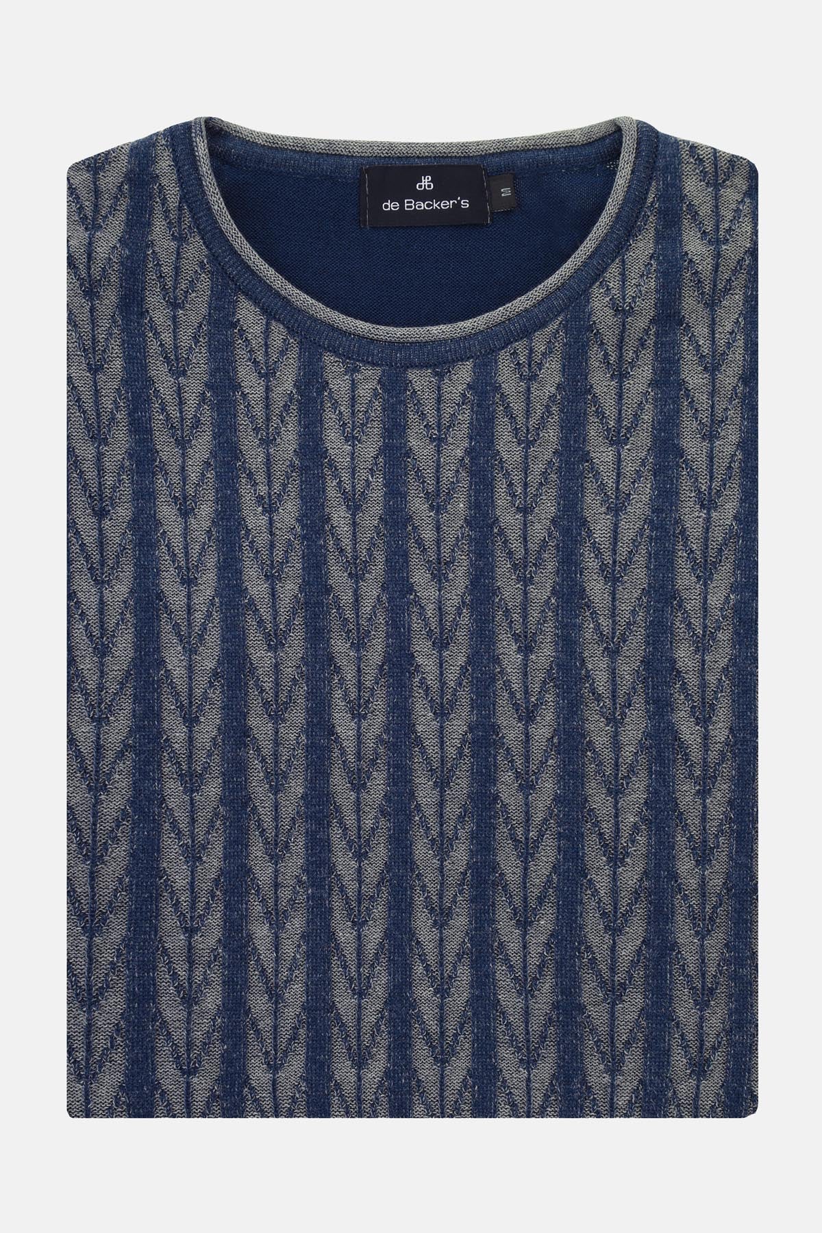 Jacquard Round Neck Navy and Silver Knitted Pullover - 1