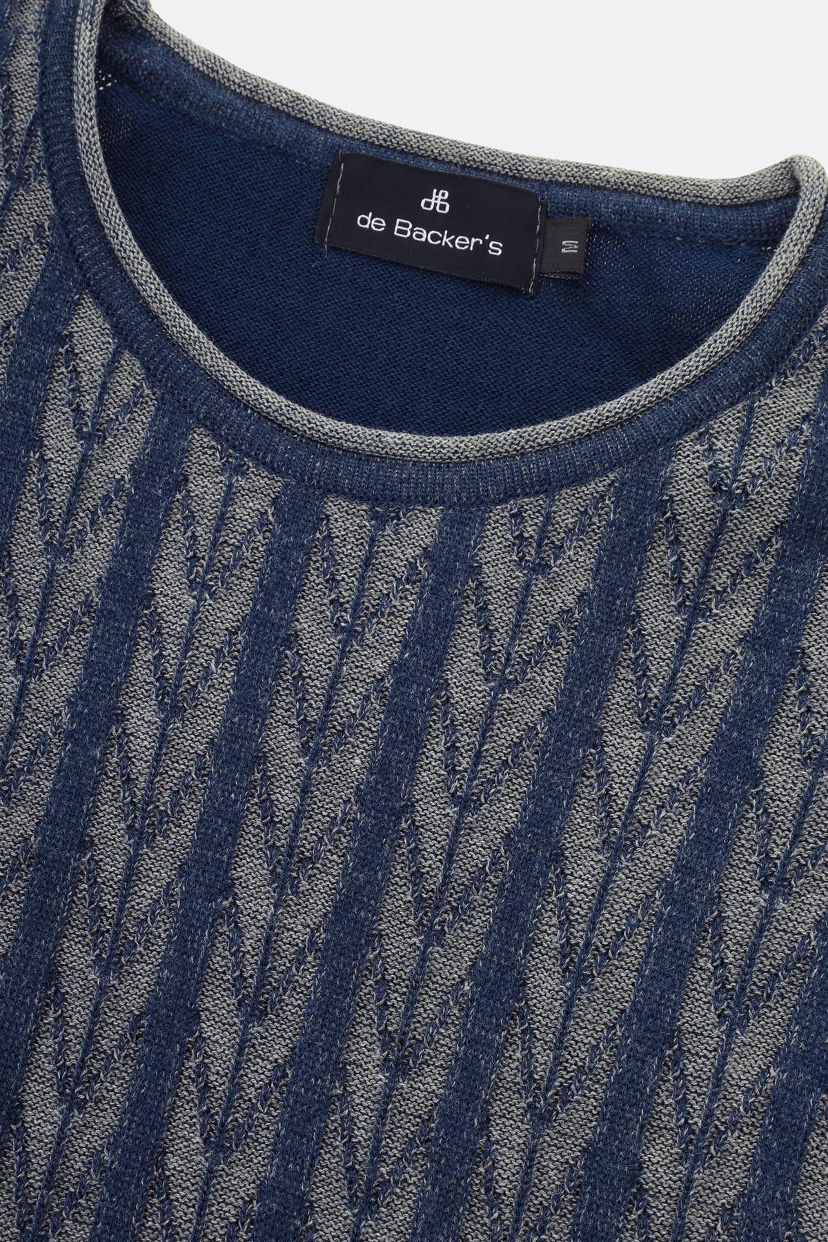 Jacquard Round Neck Navy and Silver Knitted Pullover - 2