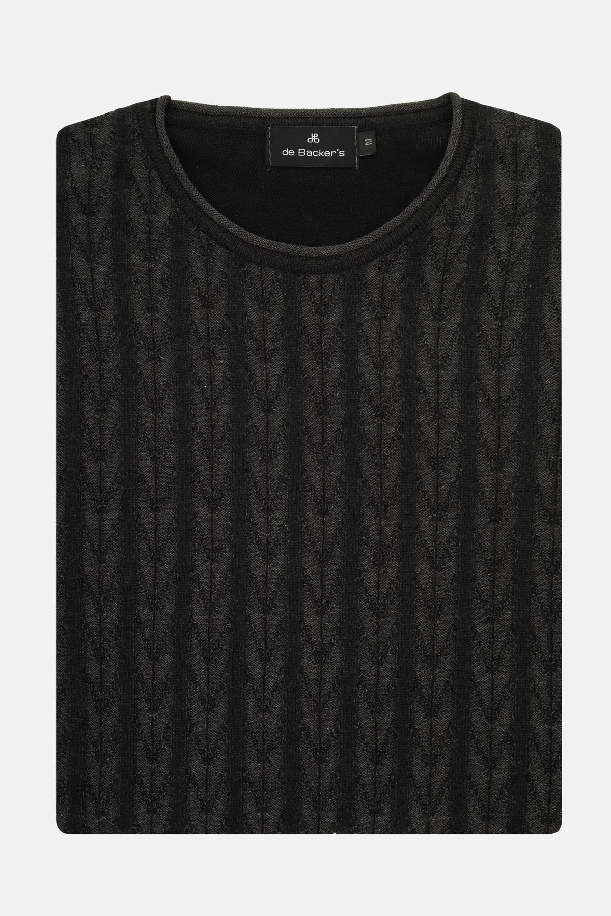 Jacquard Round Neck Black and Silver Knitted Pullover - 1