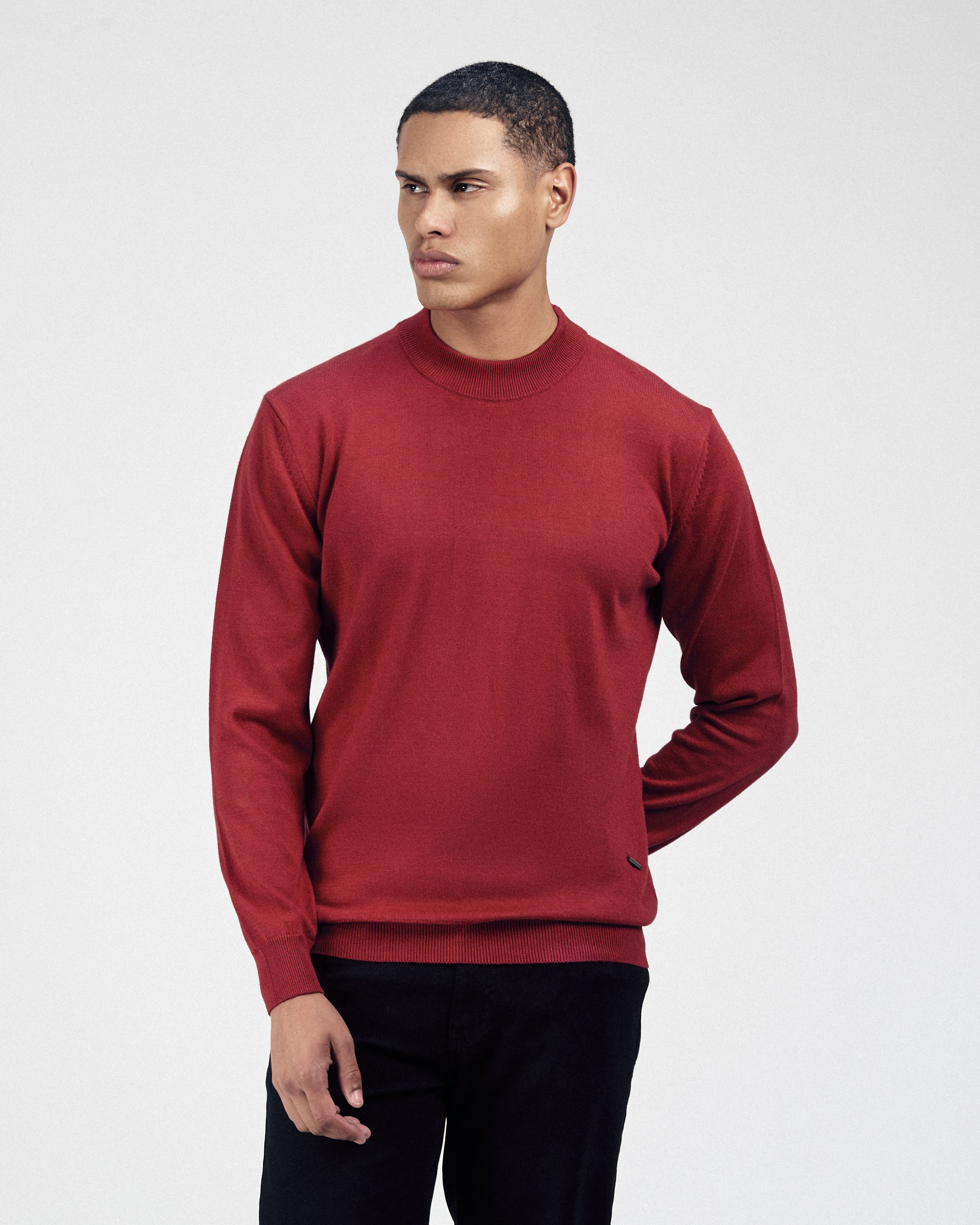 Knitted Dark Red Moc-Neck Pullover - 2