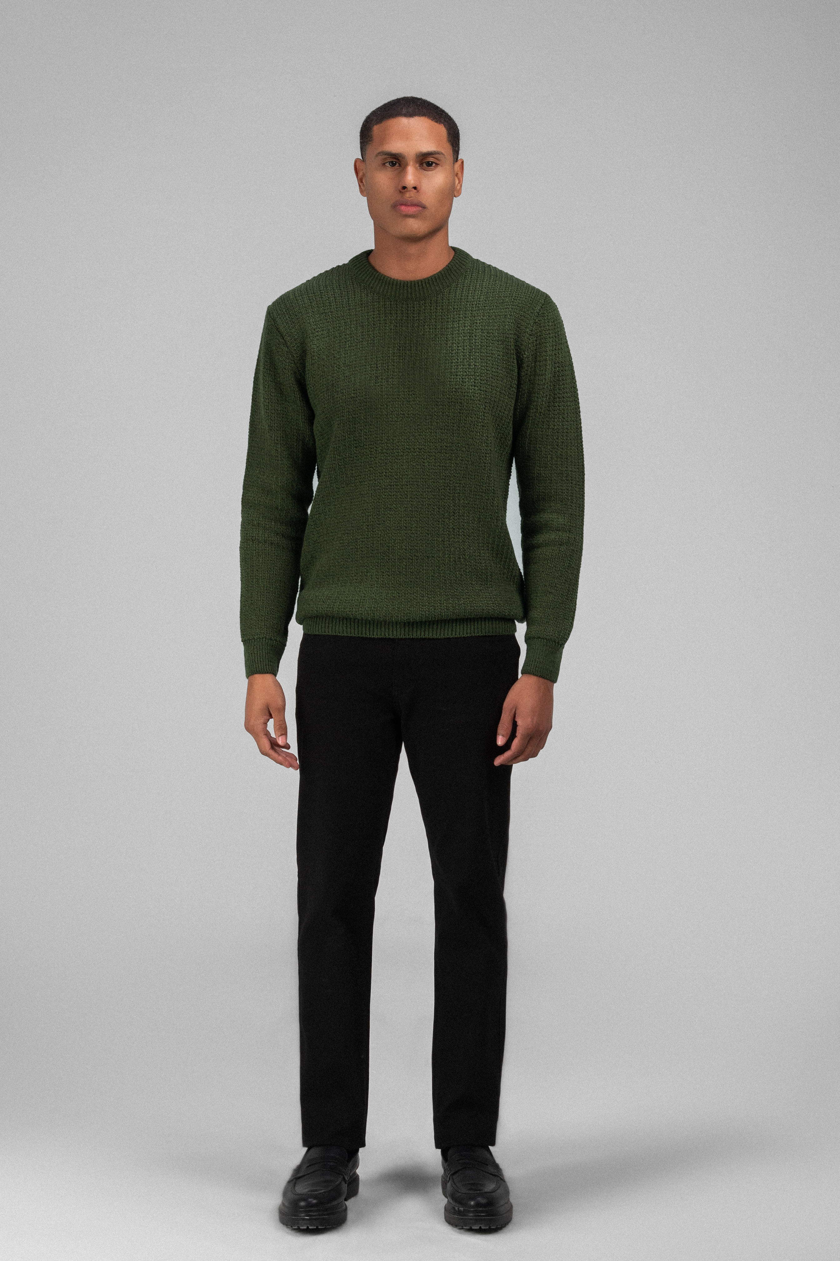Knitted Dark Green Crew Neck Pullover