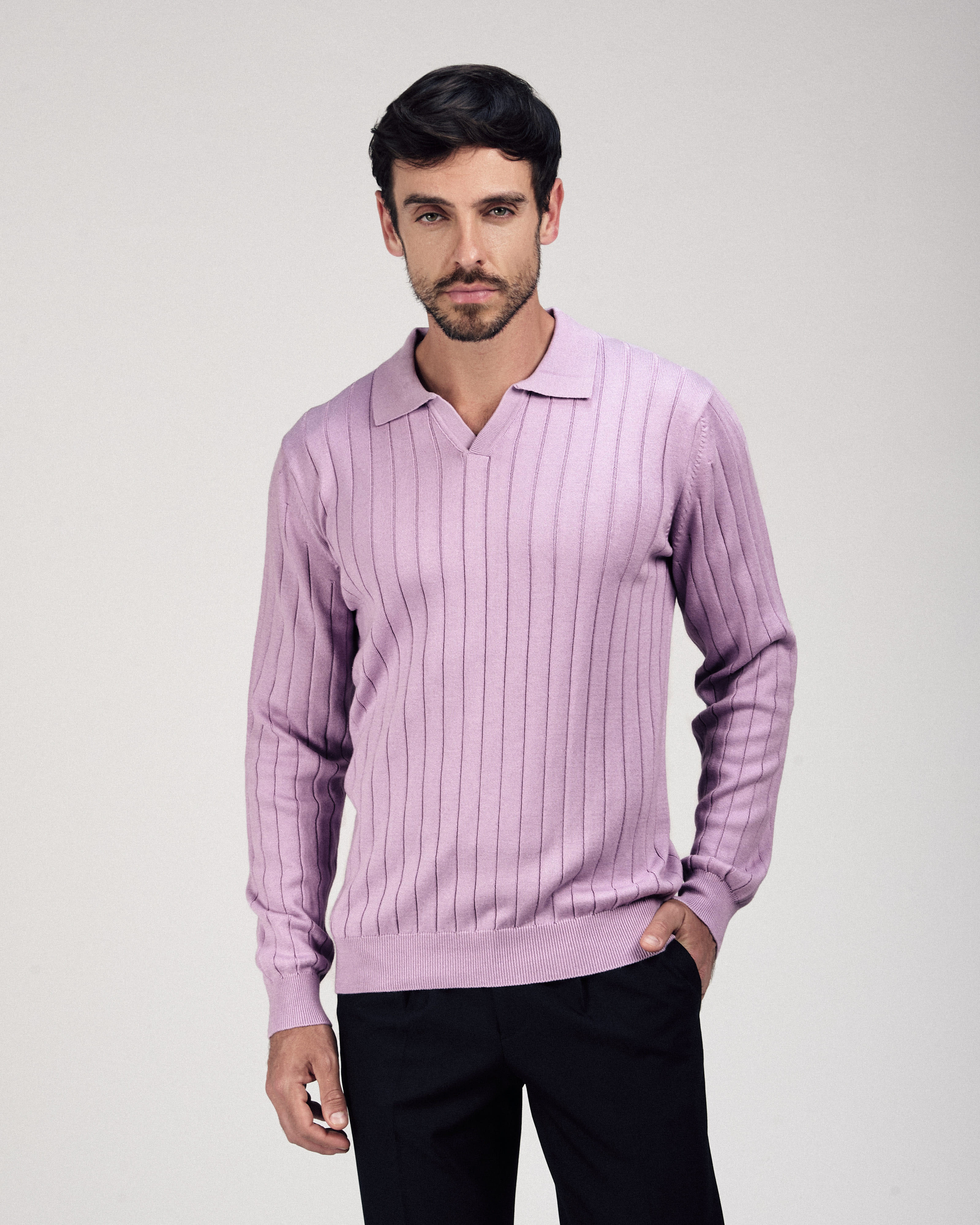 Striped Lilac Purple Long-Sleeves Polo Shirt - 2