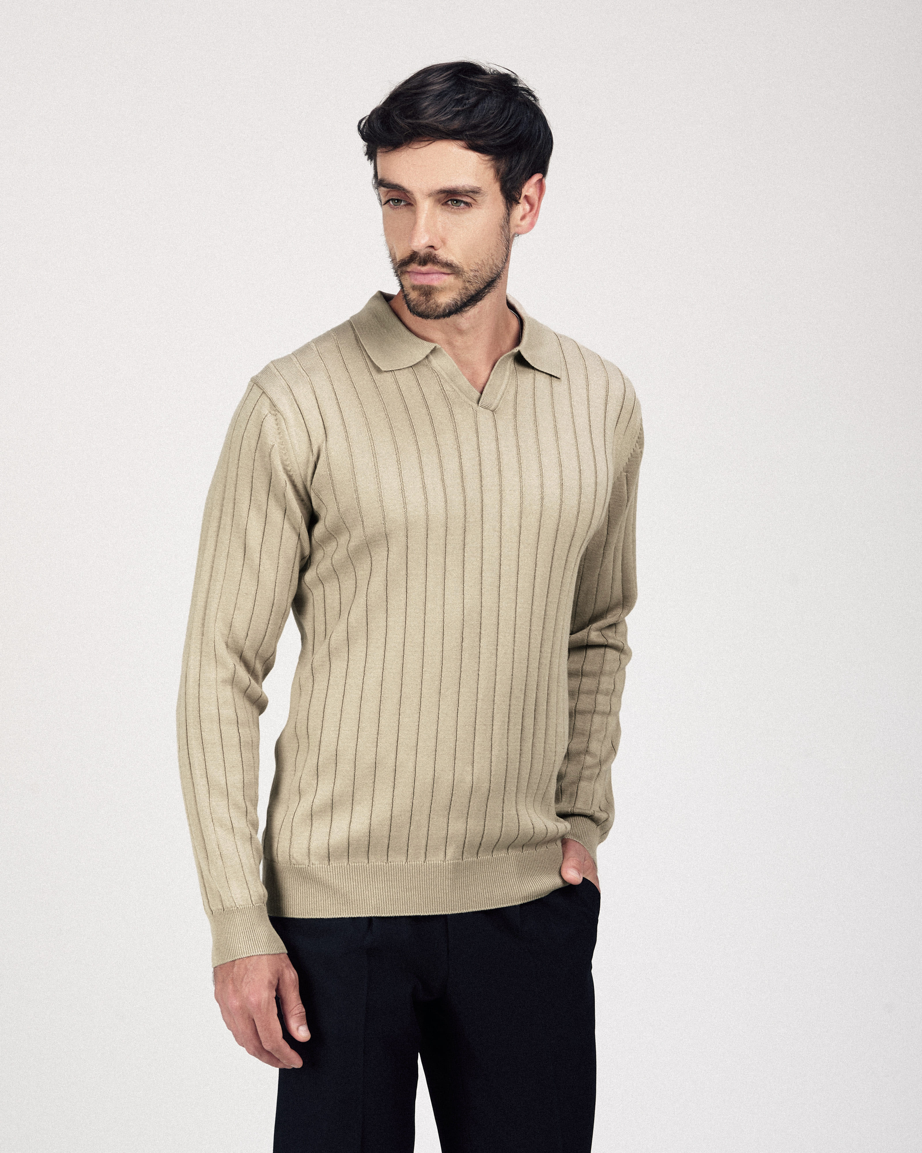 Striped Khaki Long-Sleeves Polo Shirt - 2