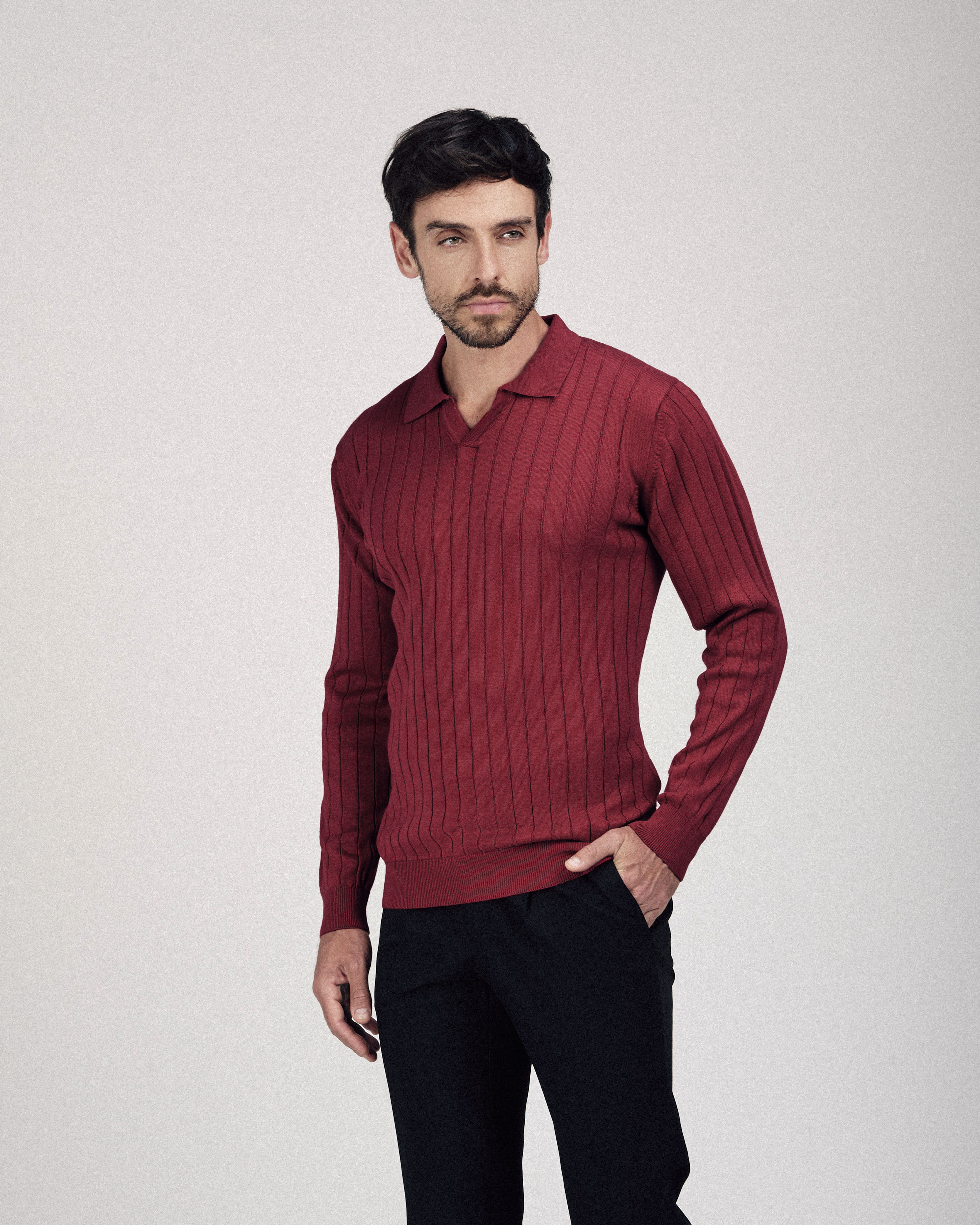 Striped Wine Red Long-Sleeves Polo Shirt - 2