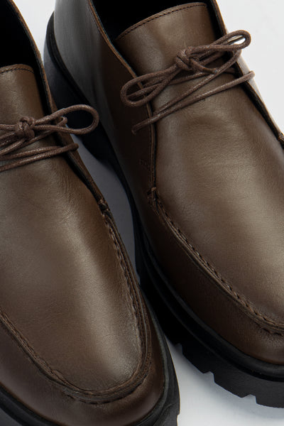 Brown Leather Plain Half-boot with laces