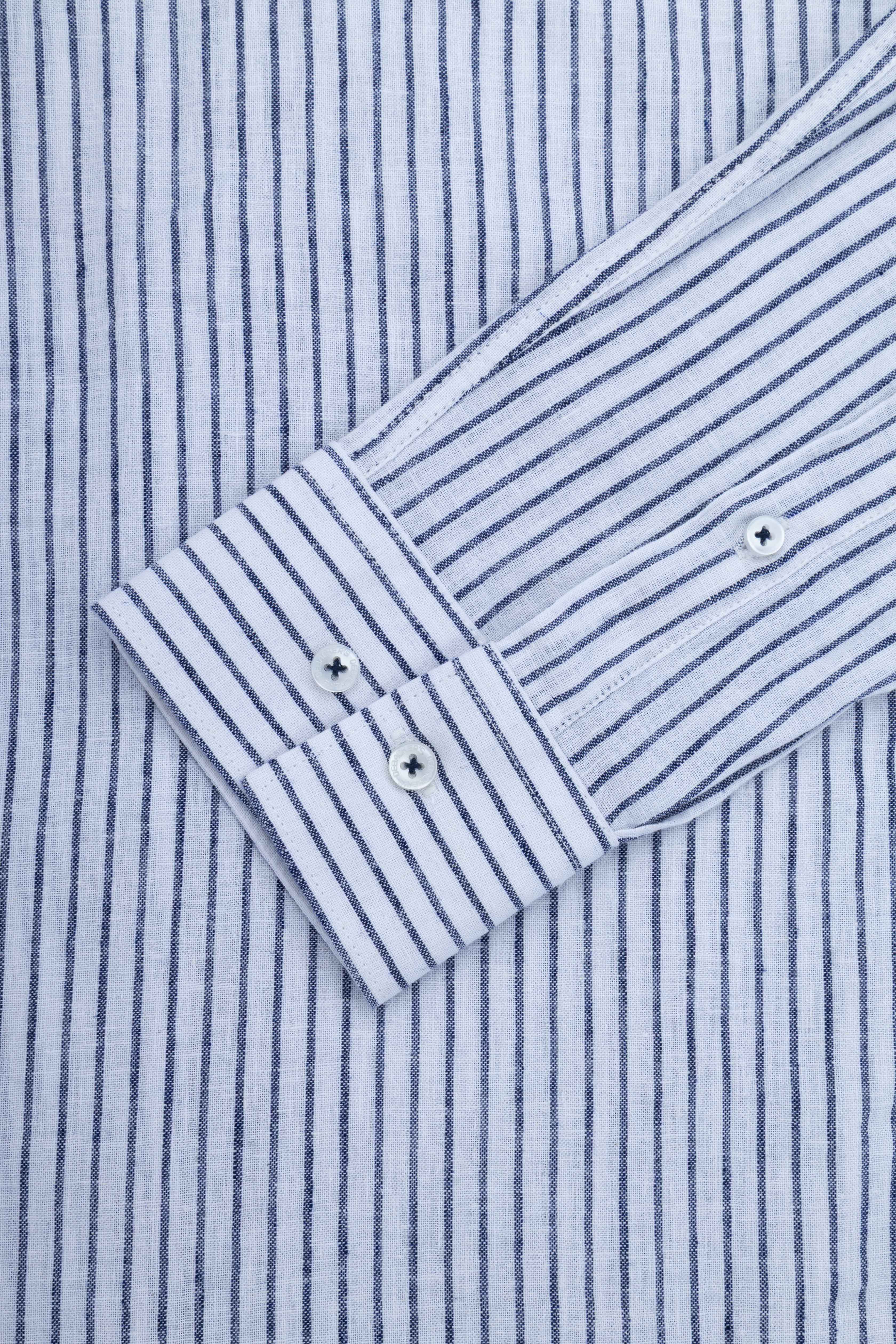 Navy Striped Linin Blend Smart Casual Shirt