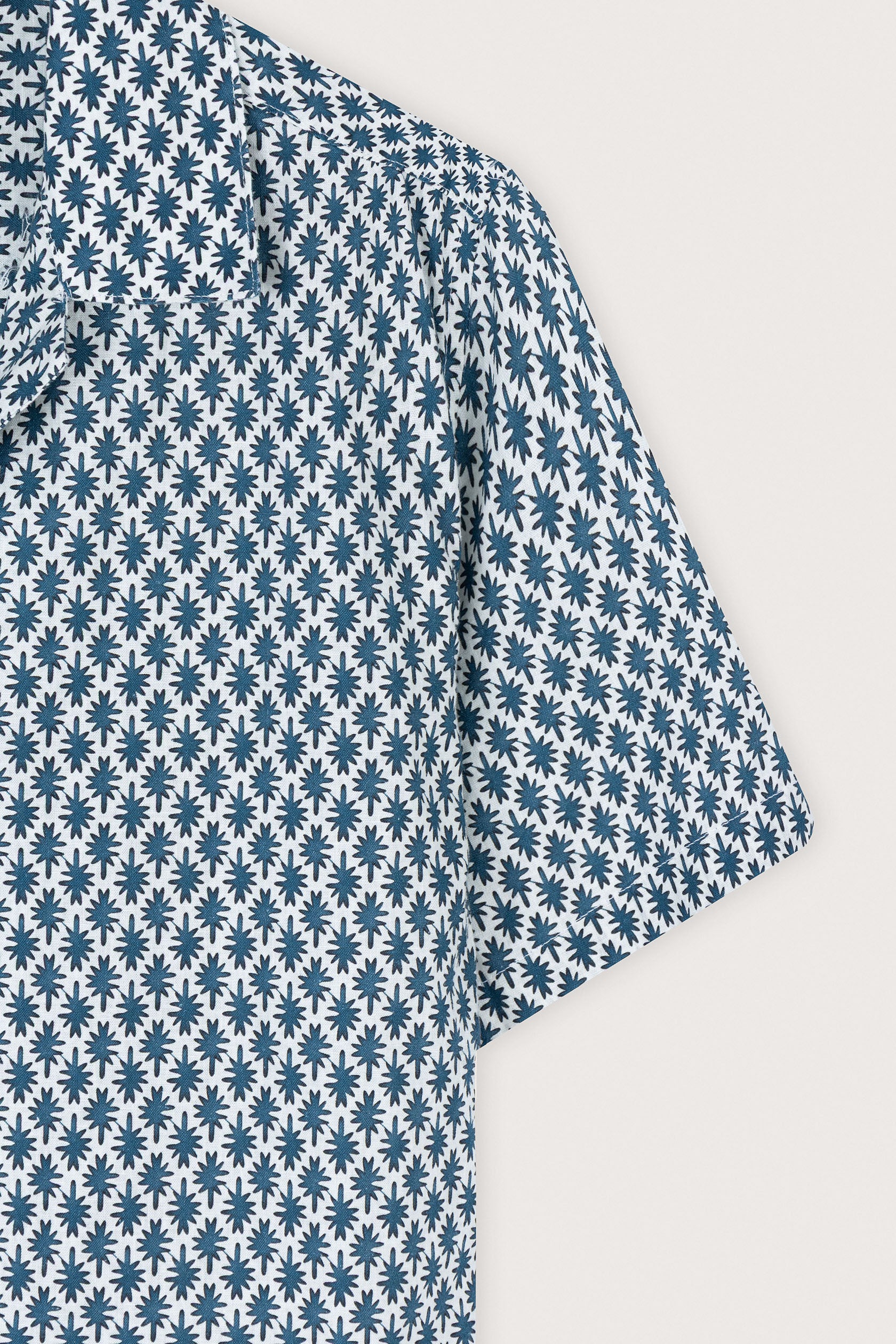 Teal-Blue Printed Linen-Blend Short-Sleeve Shirt