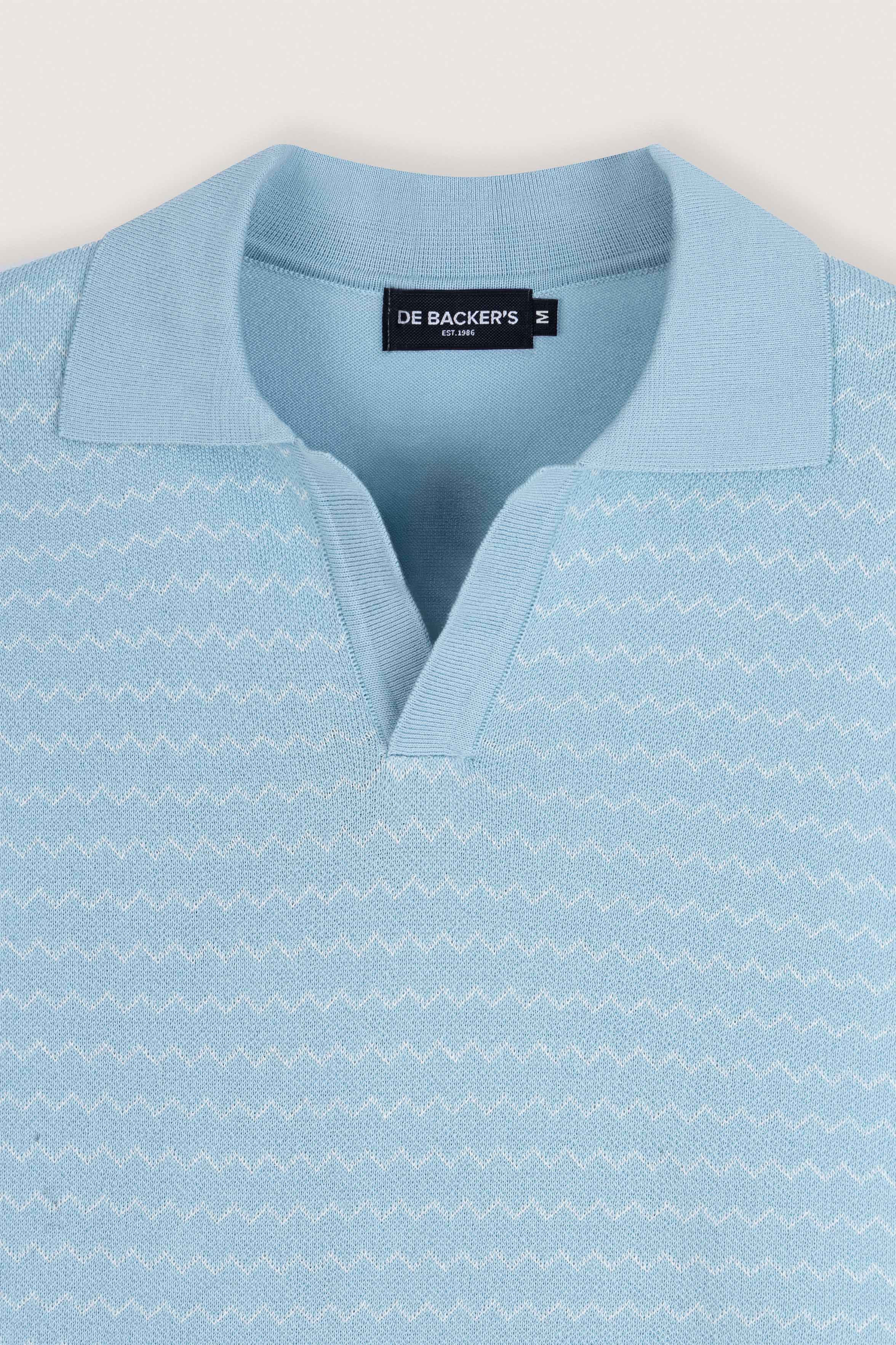 Light Blue Striped Knitted V-Neck Polo Shirt