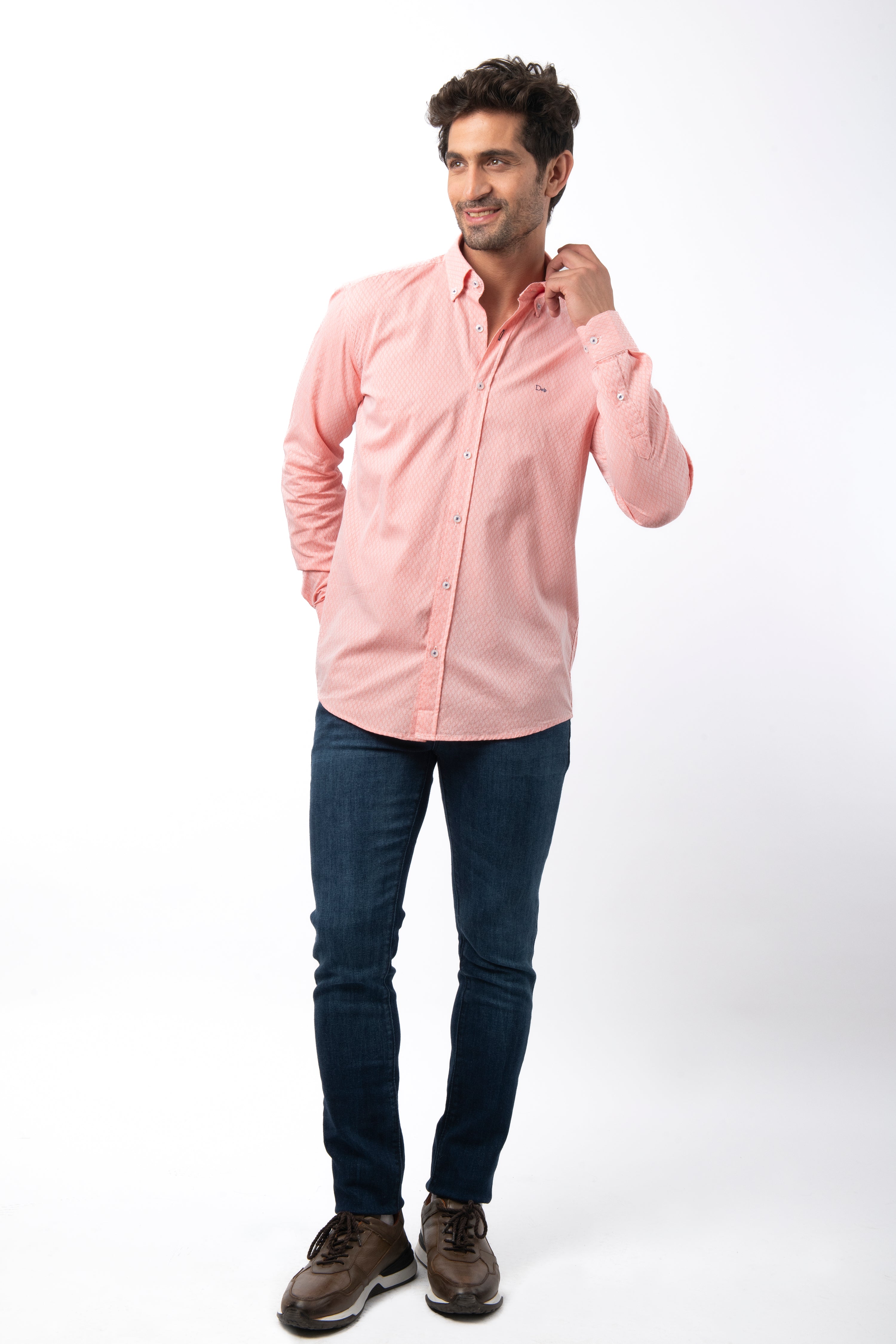 Jacquard Light Coral Cotton Casual Shir - 2