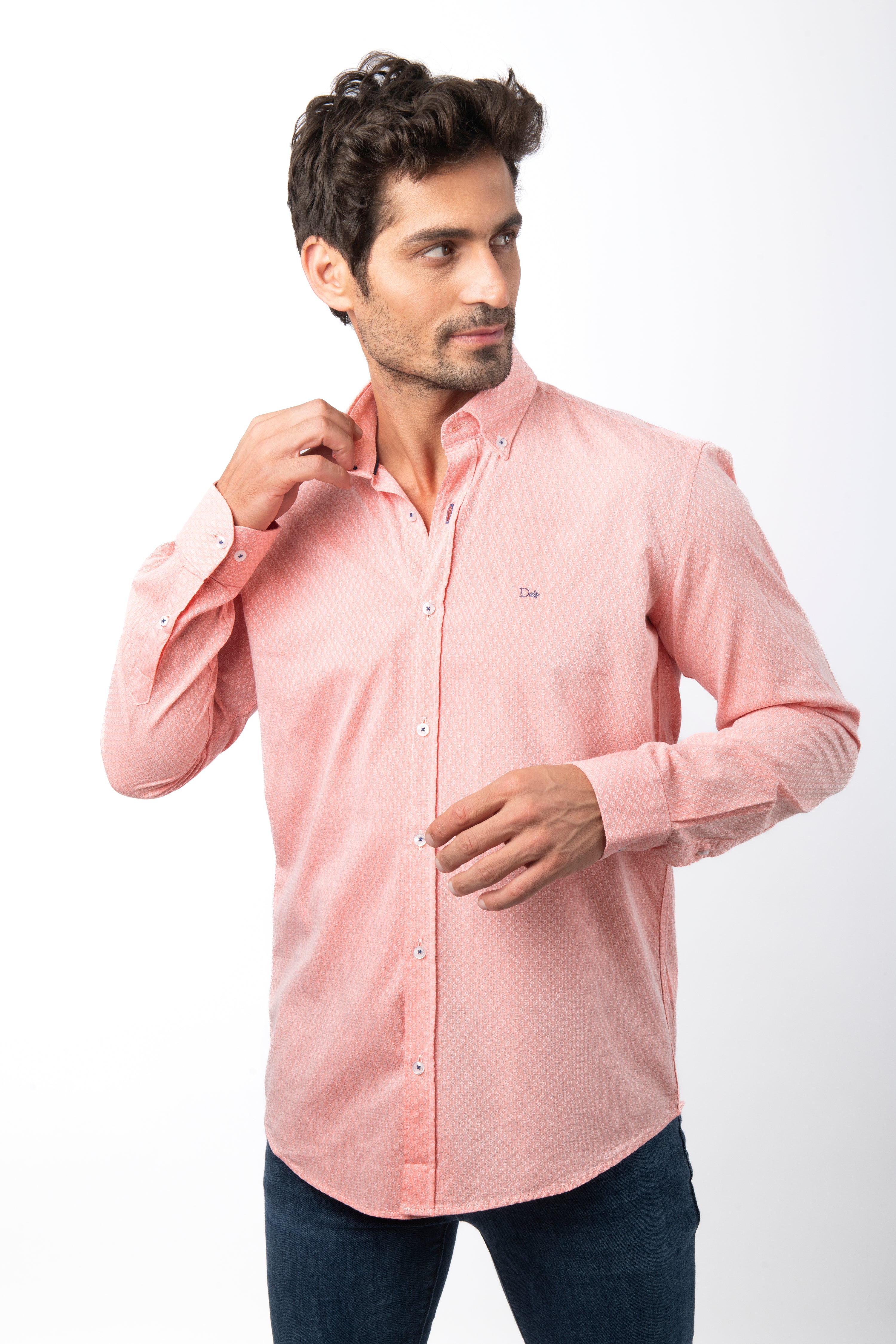 Jacquard Light Coral Cotton Casual Shir - 1