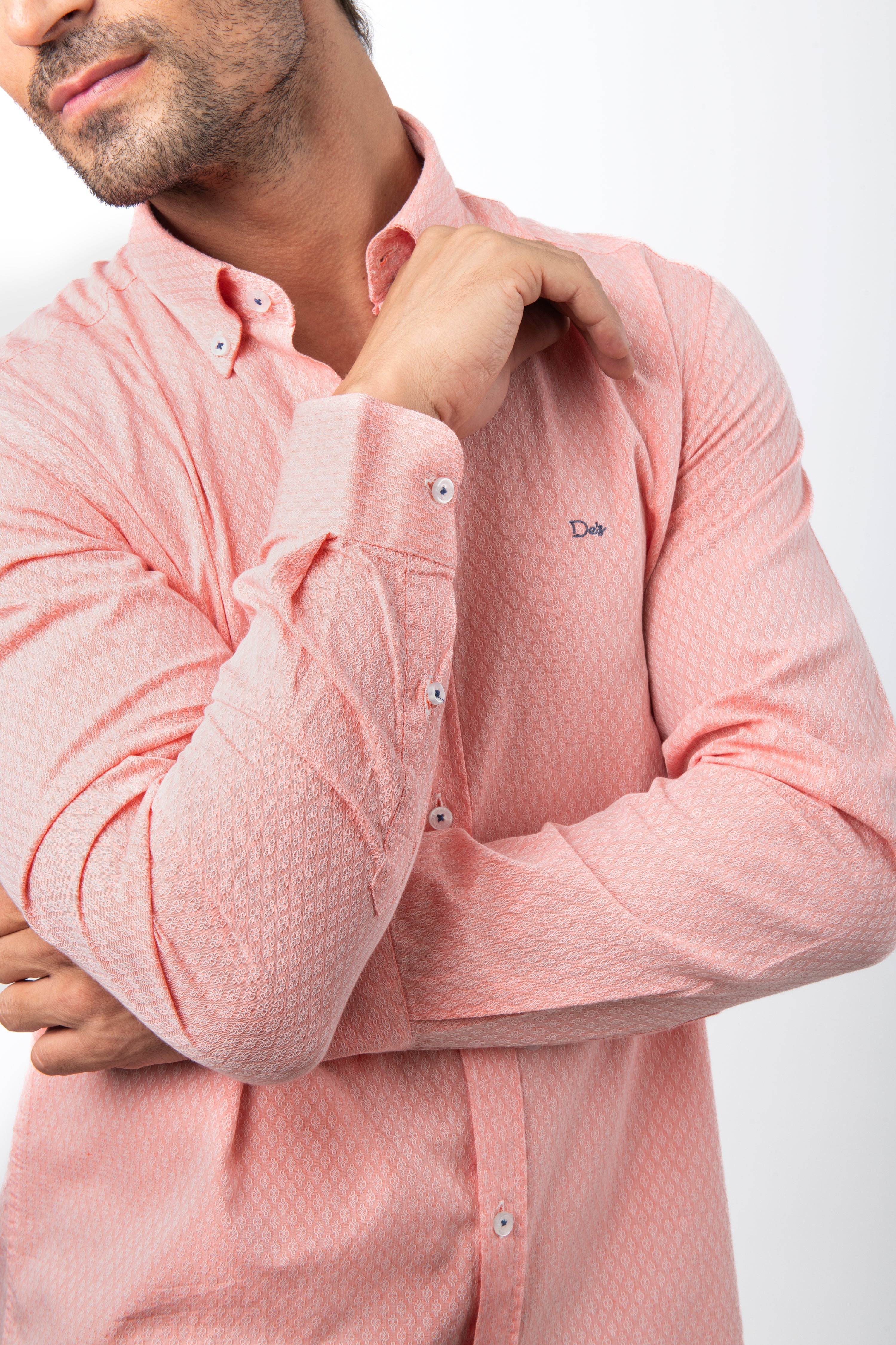 Jacquard Light Coral Cotton Casual Shir - 3