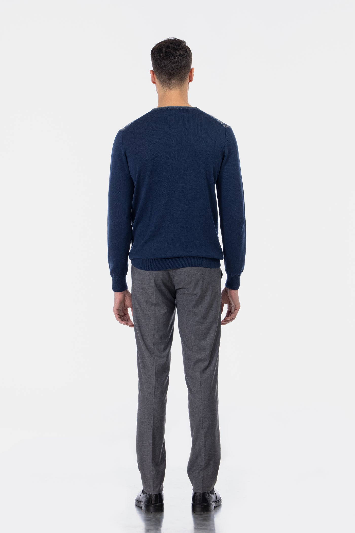 Jacquard Round Neck Navy and Silver Knitted Pullover