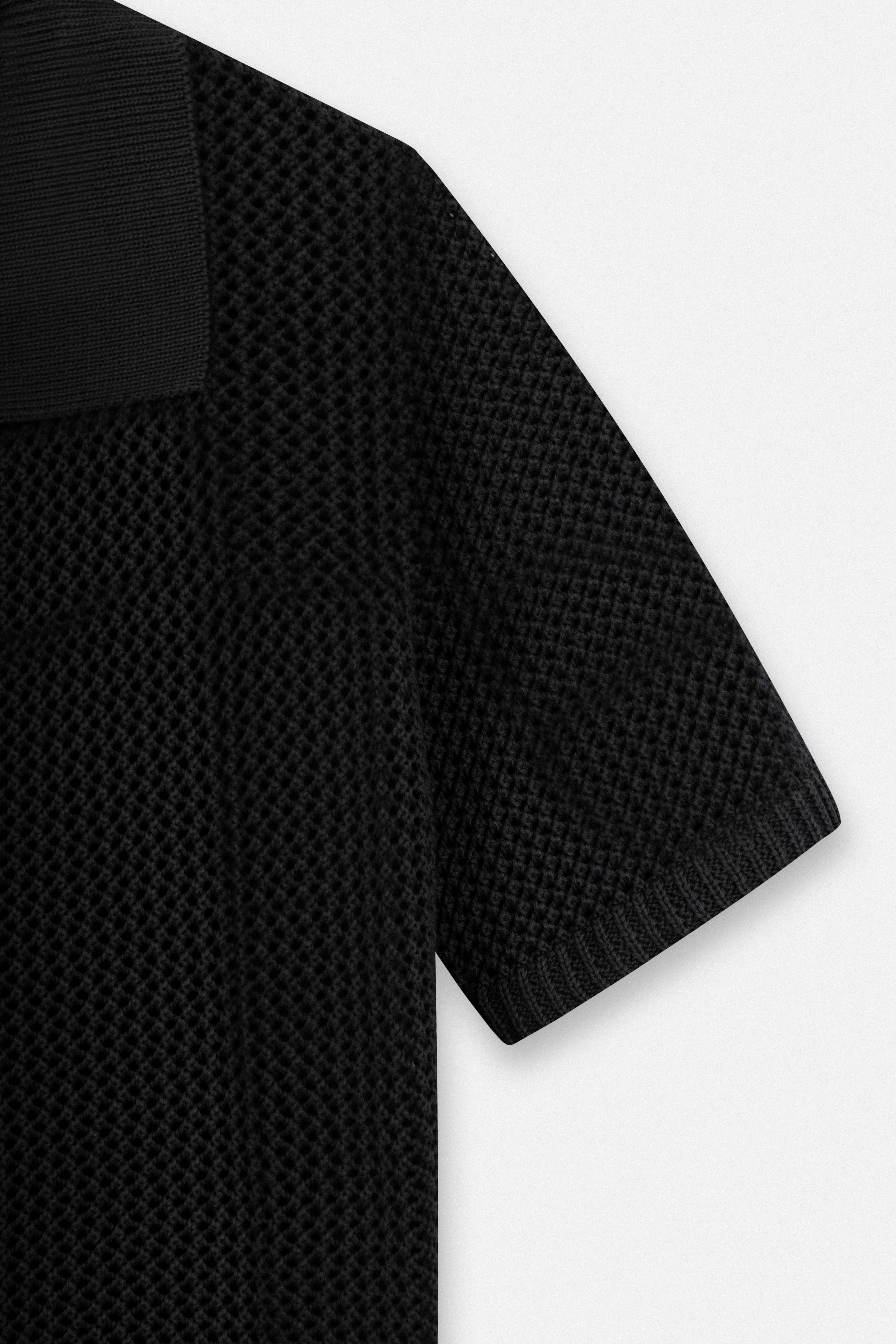 Knitted open-Stitch Black Short Sleeves Shirt