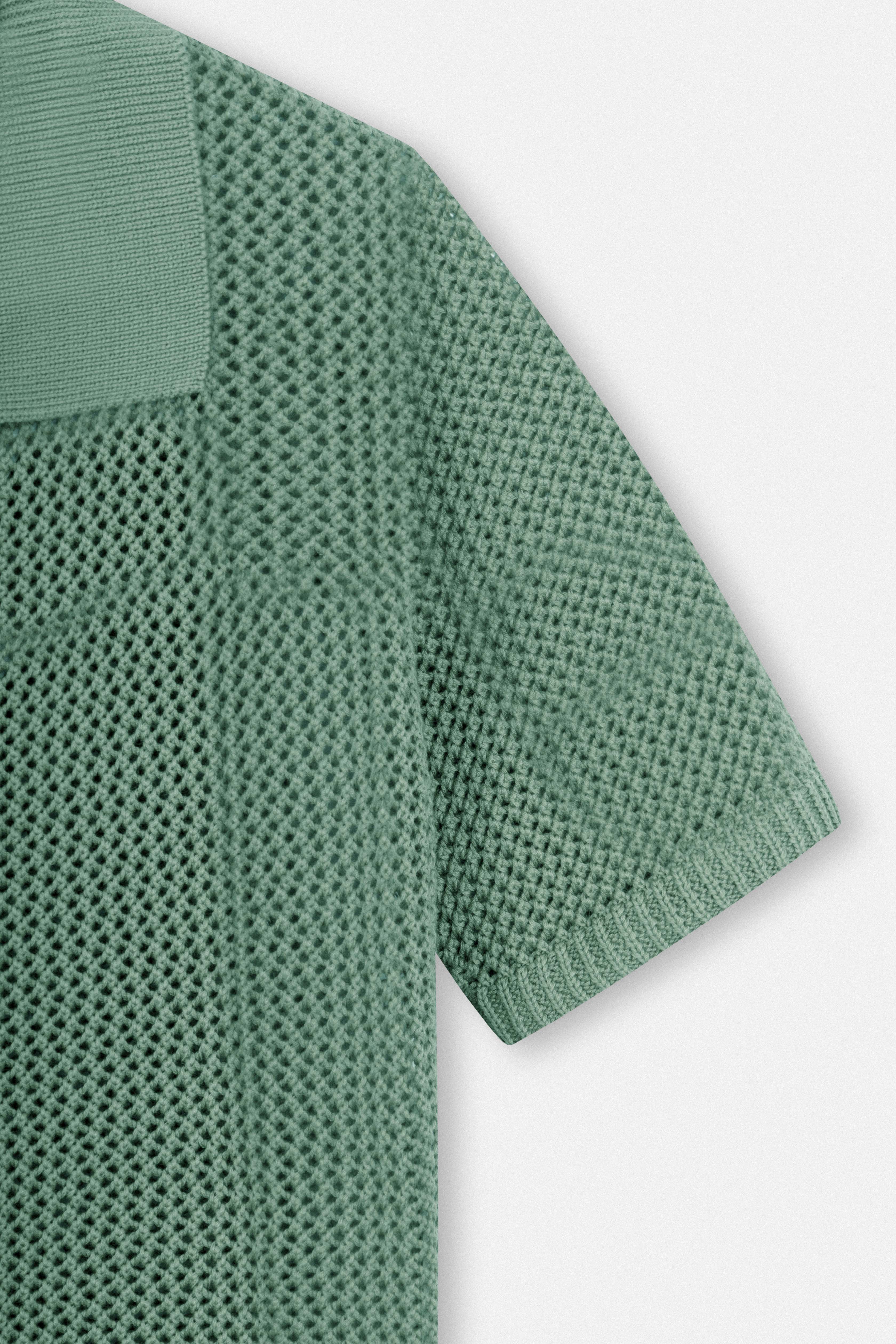 Knitted open-Stitch Green Short Sleeves Shirt