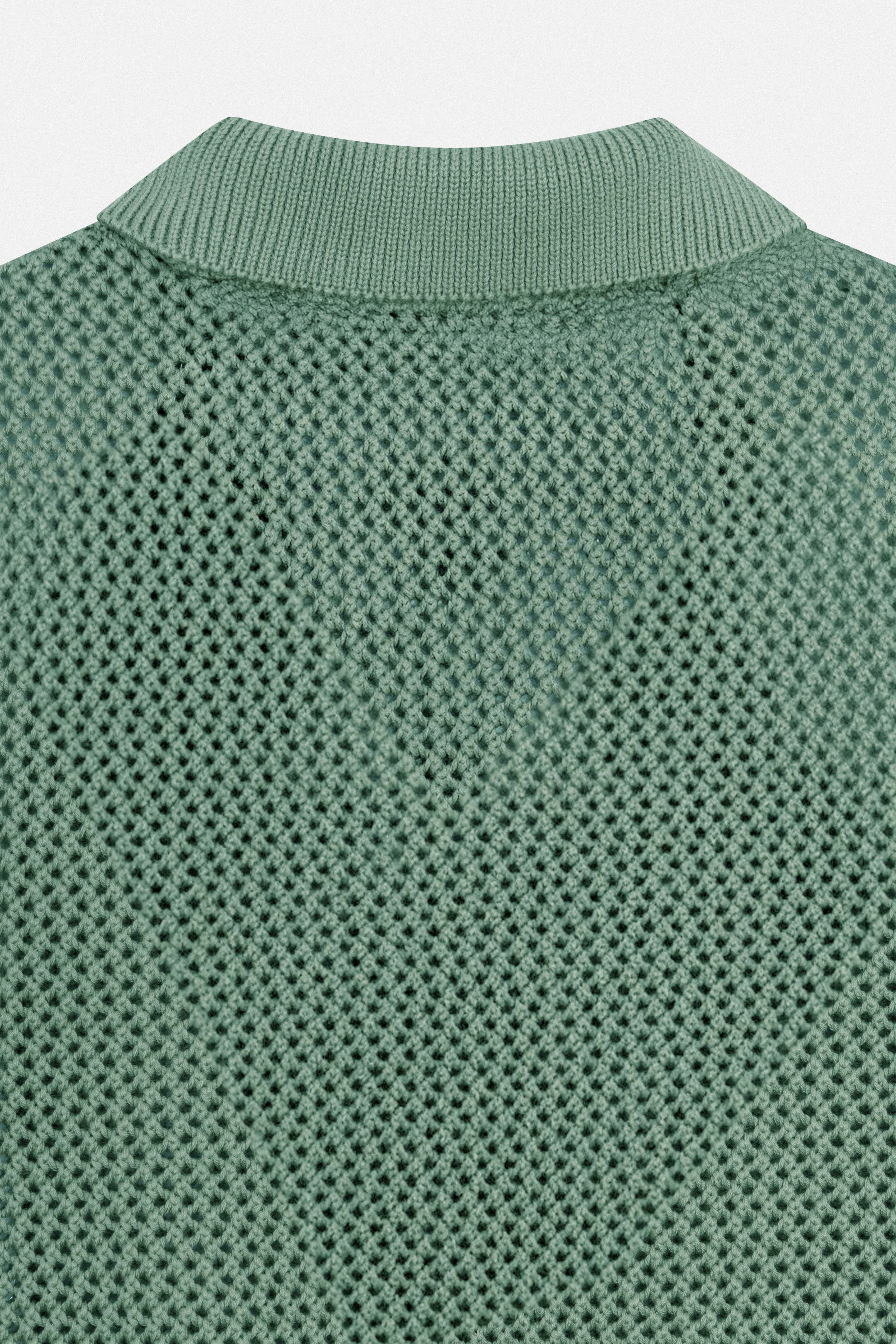 Knitted open-Stitch Green Short Sleeves Shirt