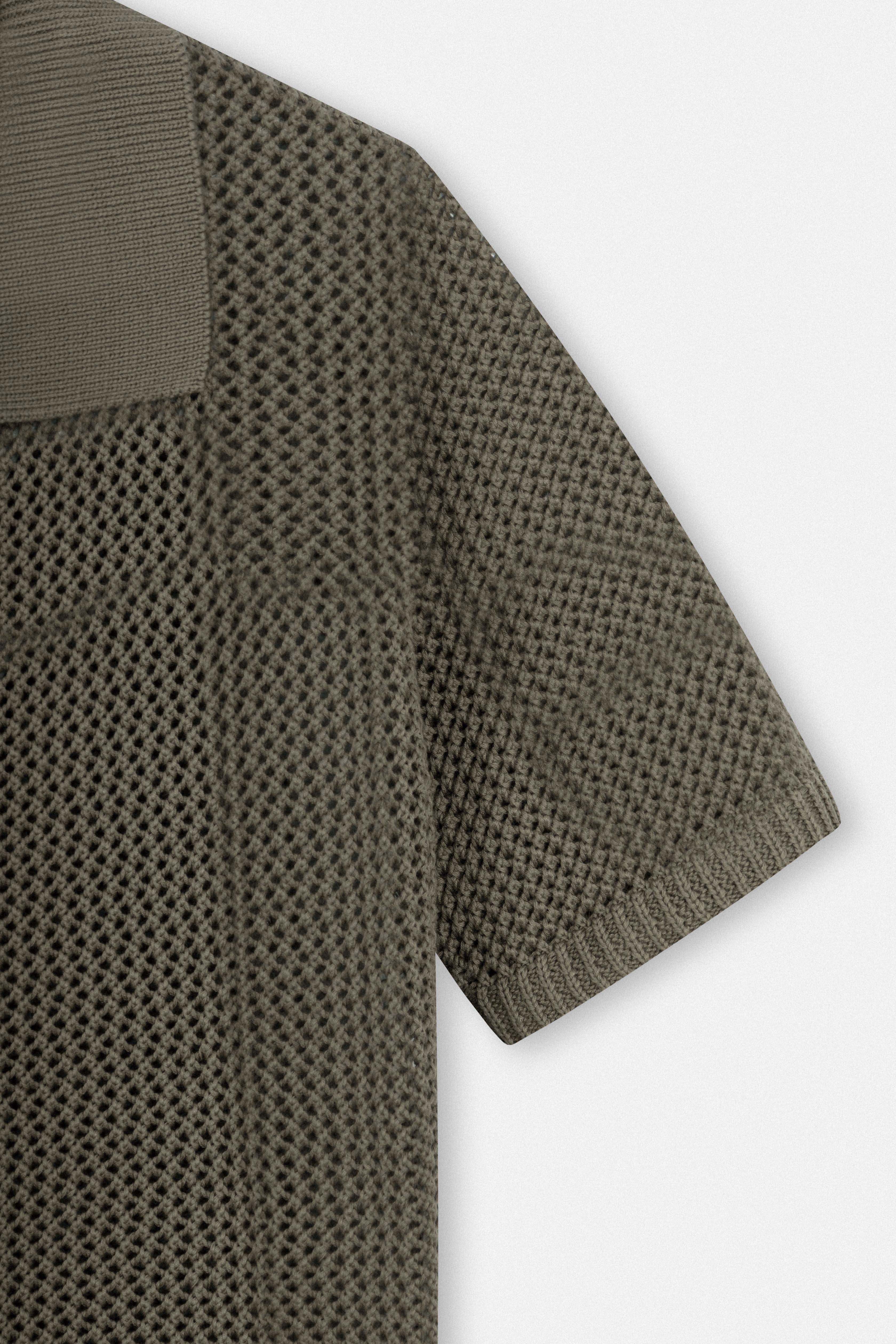 Knitted open-Stitch Coffee Short Sleeves Shirt