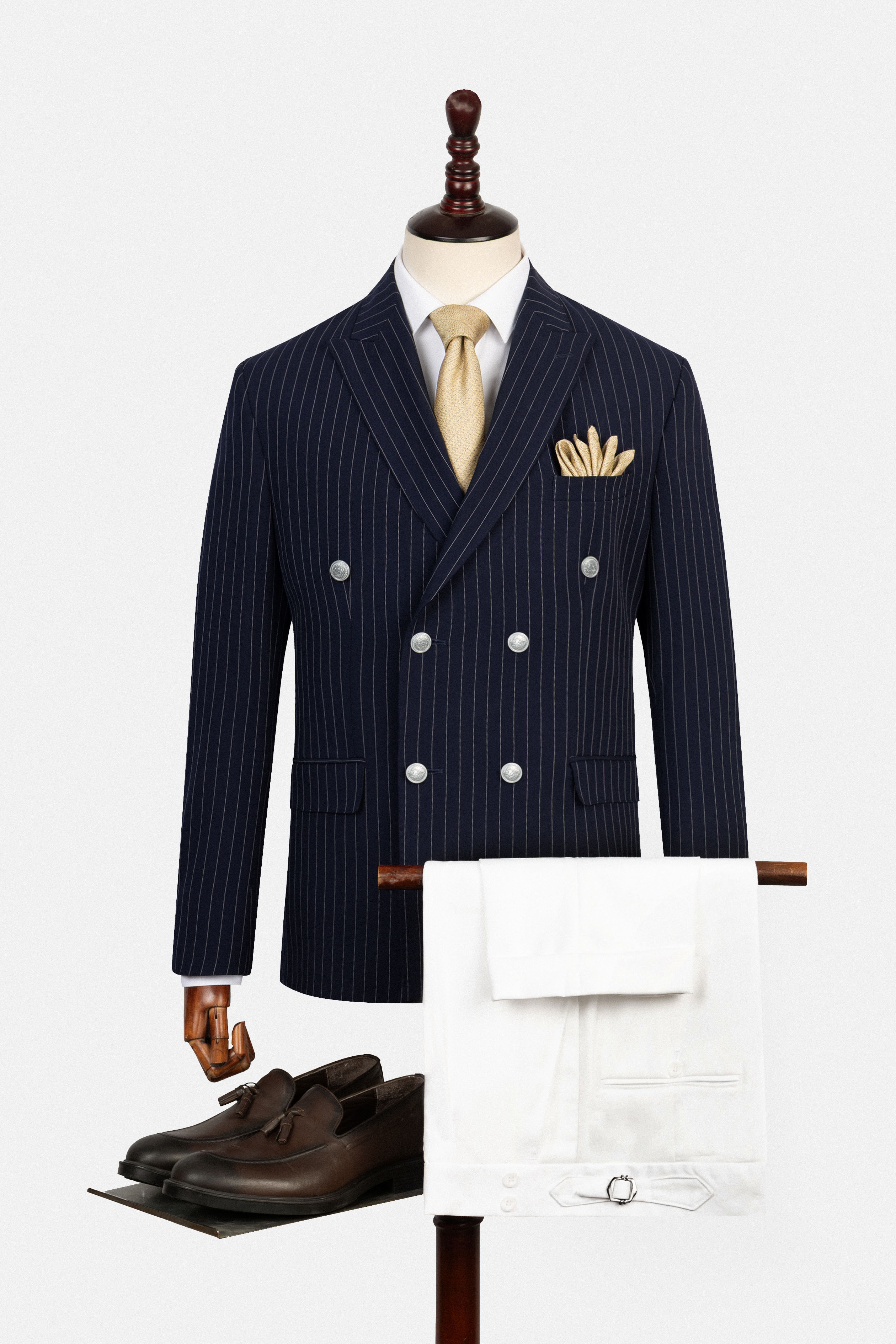 Striped Double Breasted Dark Navy Suit