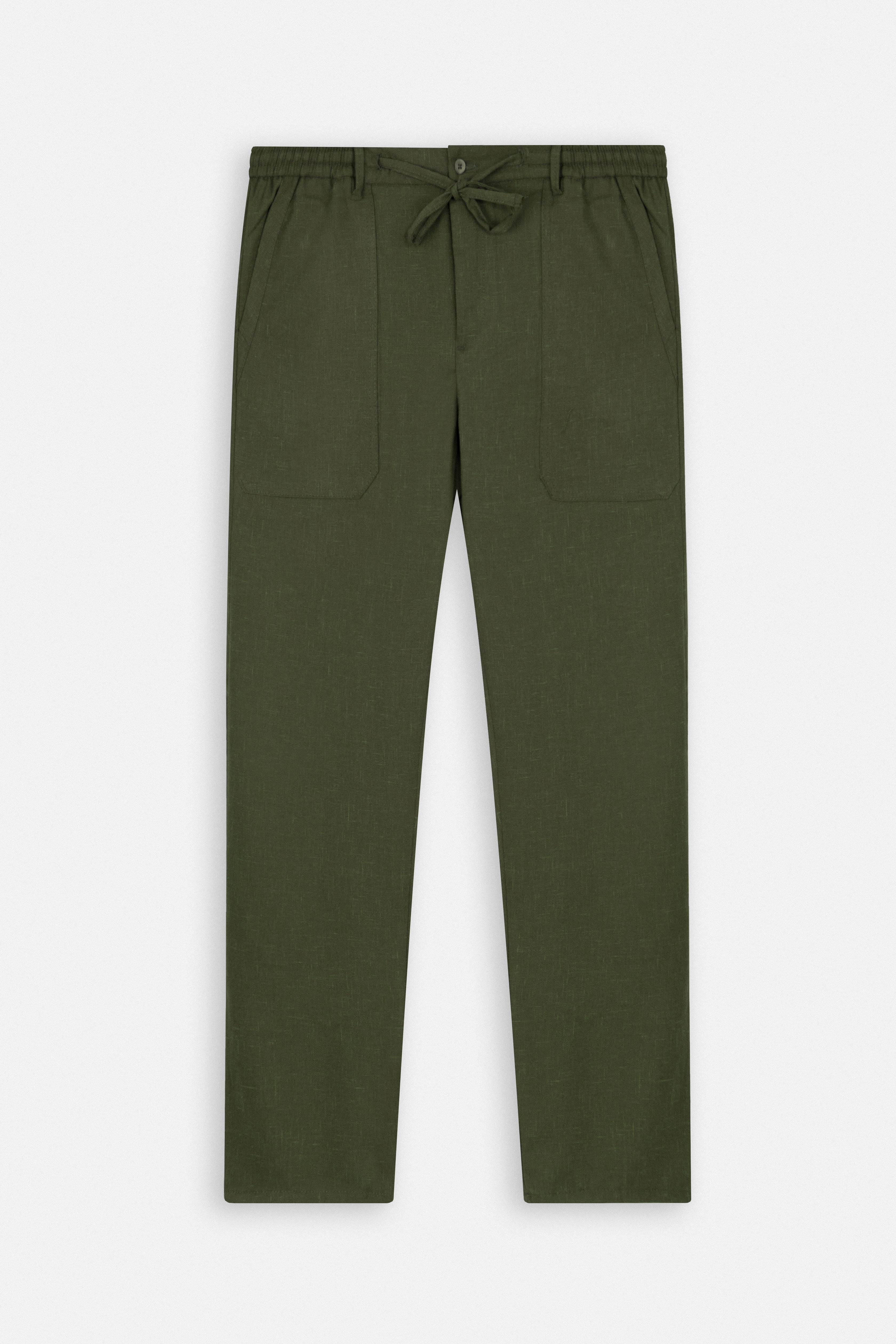 Laced-Up Dark Green Linen Look casual pants-(Big size)