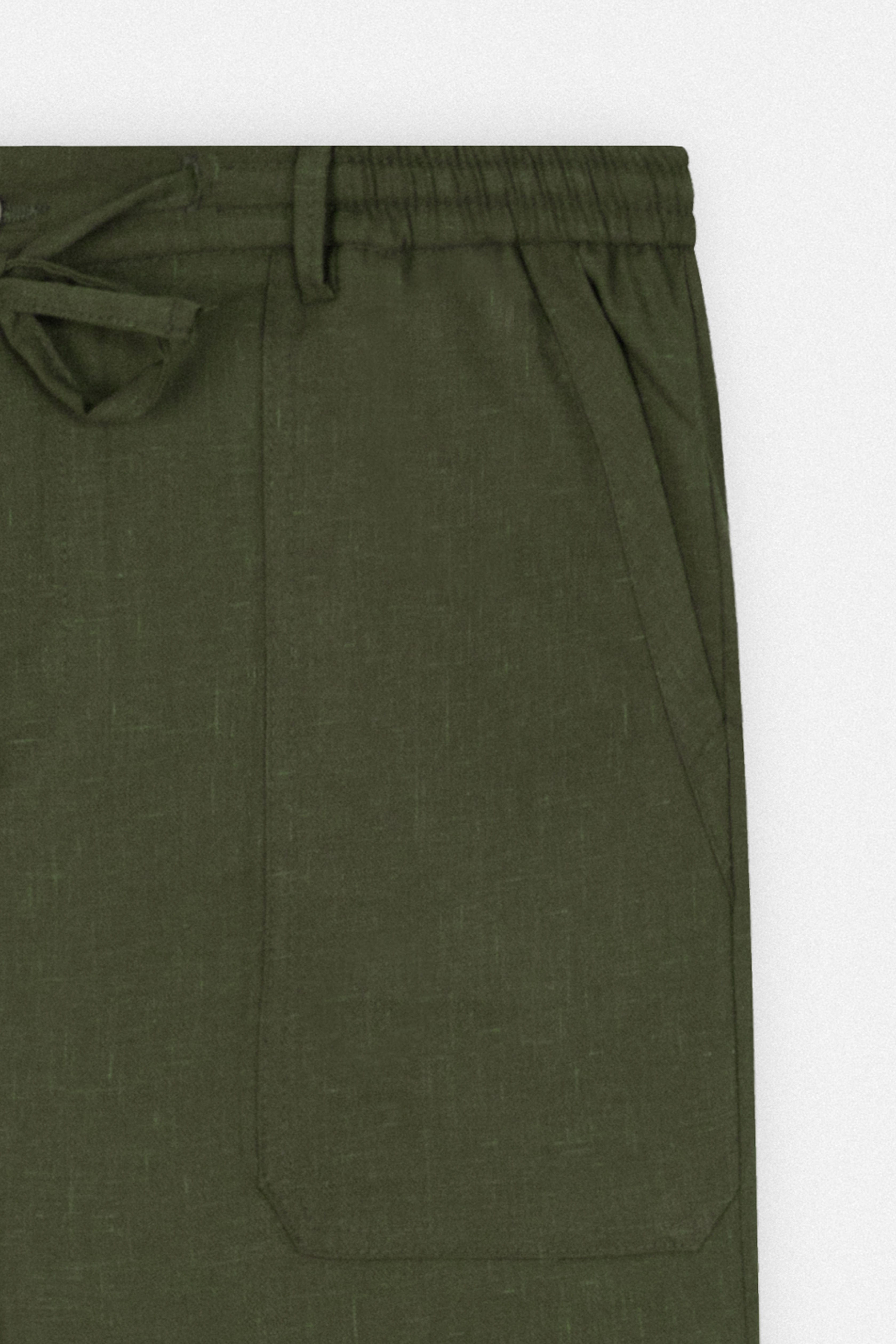 Laced-Up Dark Green Linen Look casual pants-(Big size)