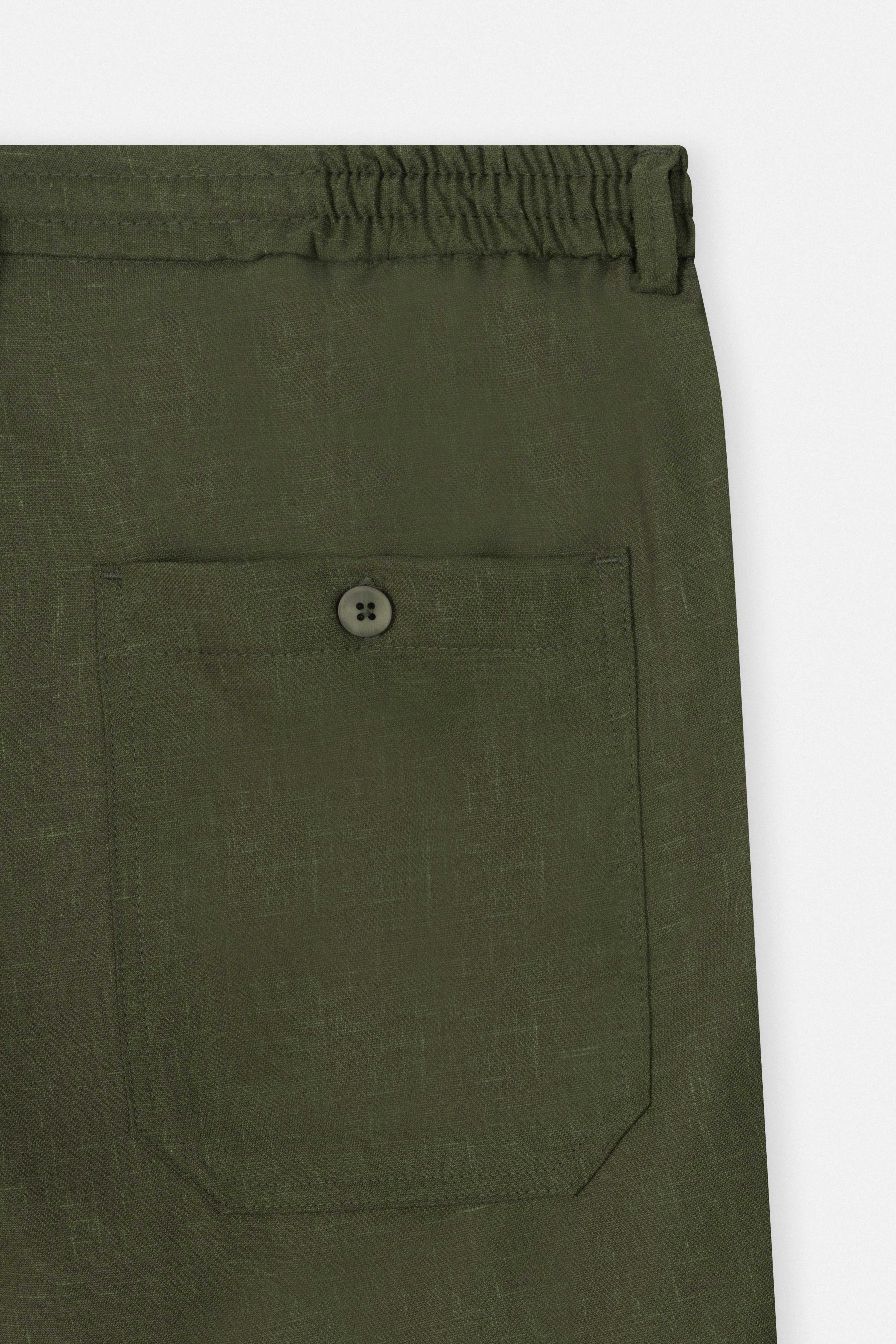 Laced-Up Dark Green Linen Look casual pants-(Big size)