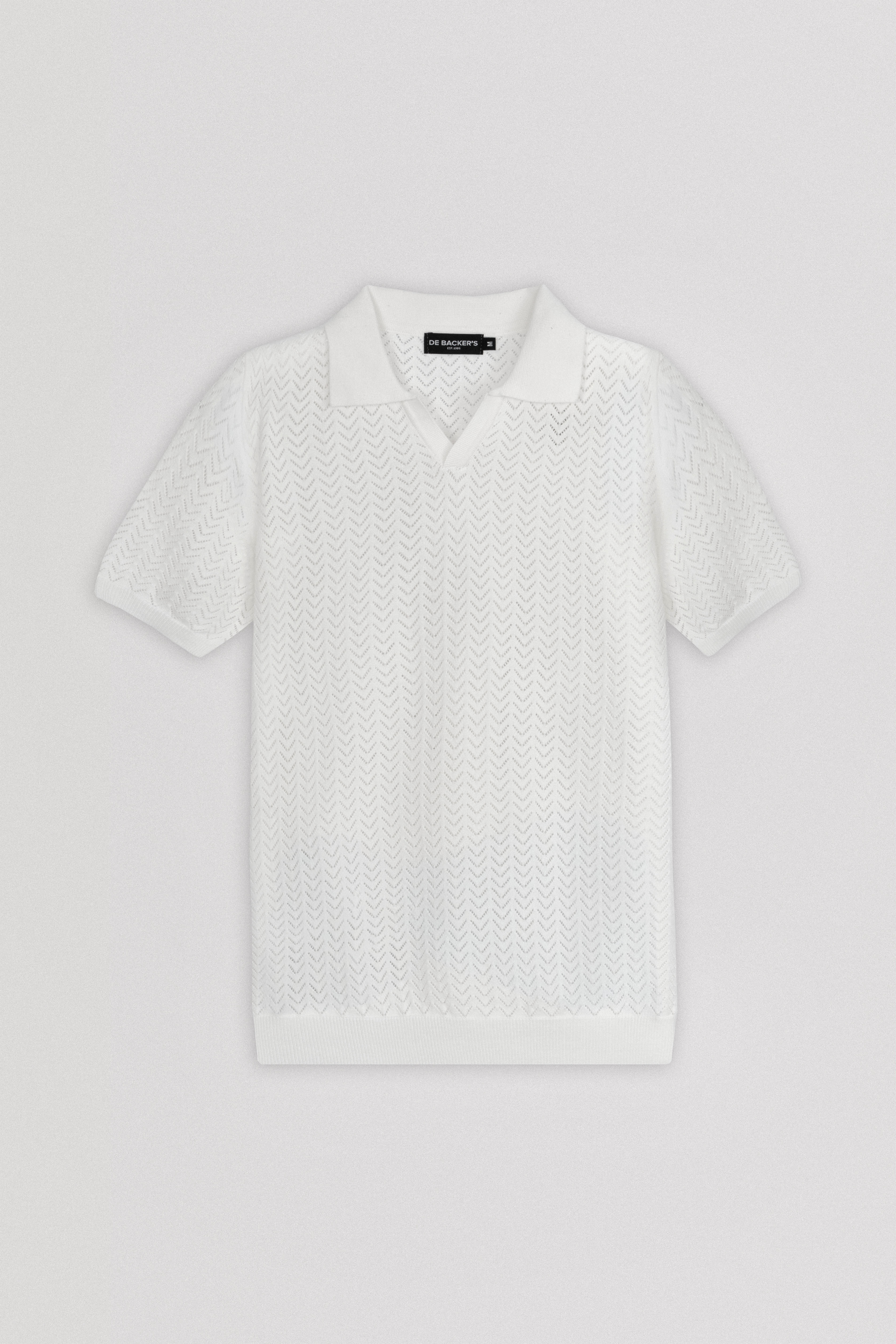 Open-Stitch Knitted Off White V-Neck Polo
