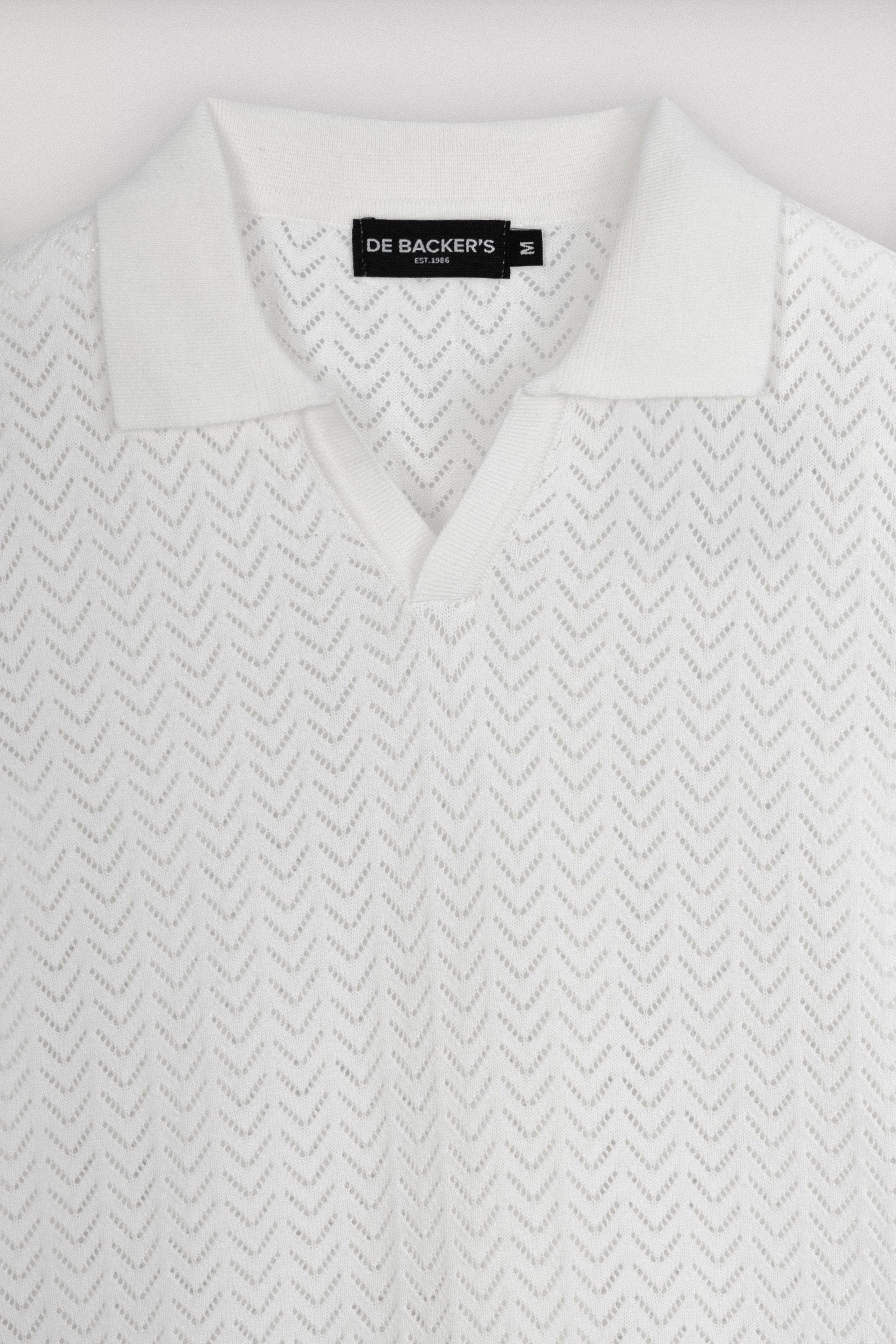 Open-Stitch Knitted Off White V-Neck Polo