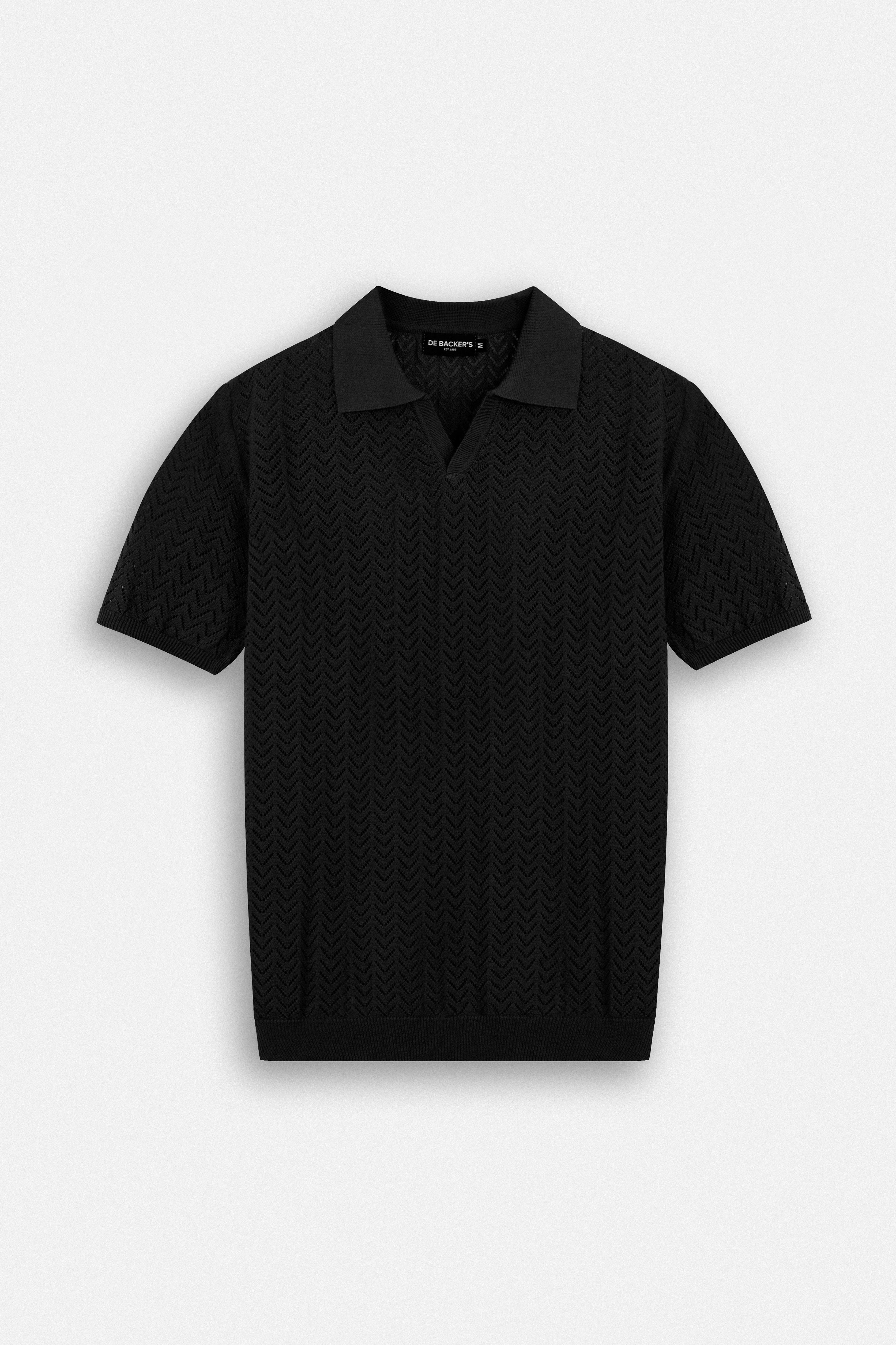 Open-Stitch Knitted Black V-Neck Polo