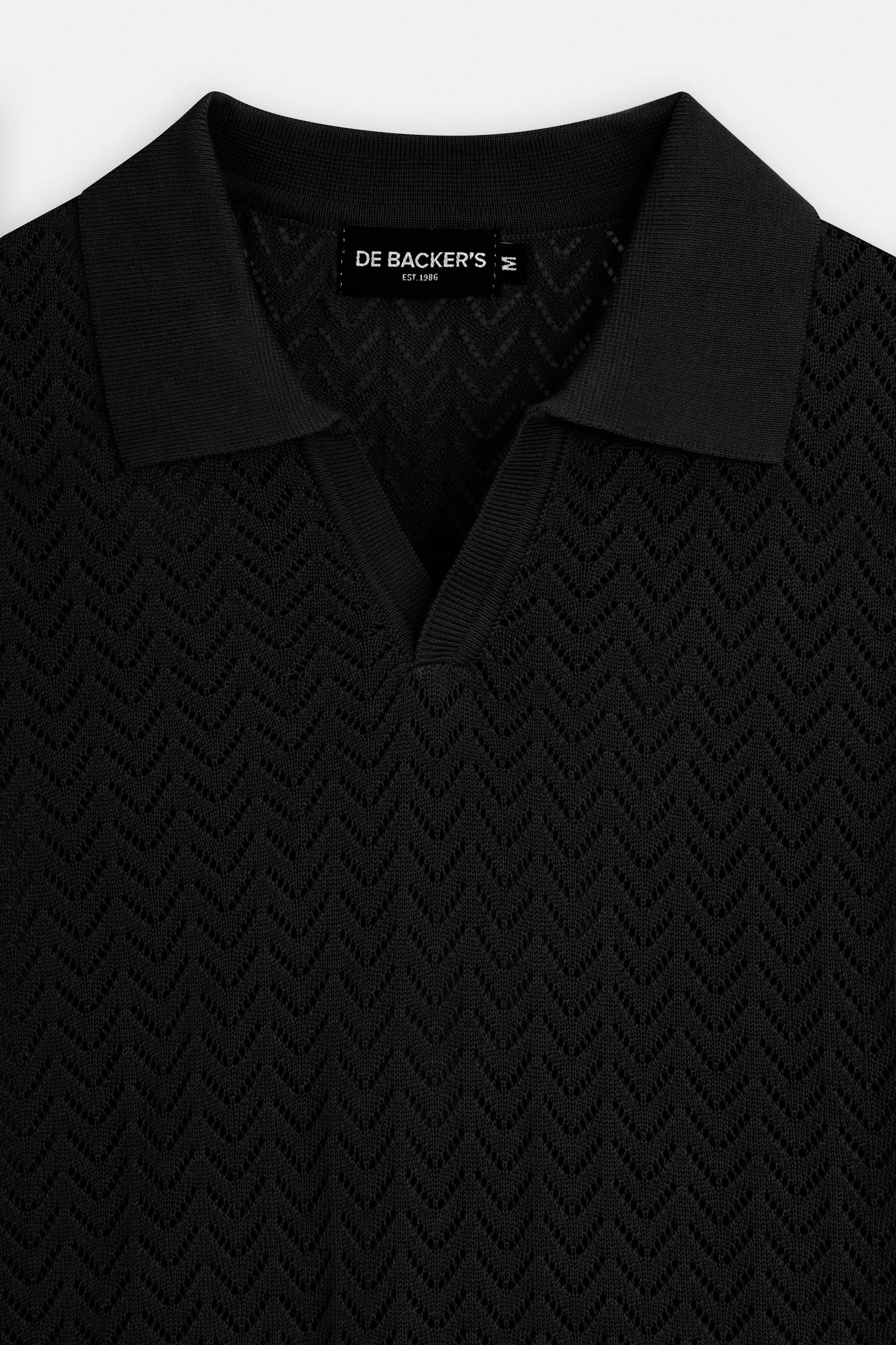 Open-Stitch Knitted Black V-Neck Polo