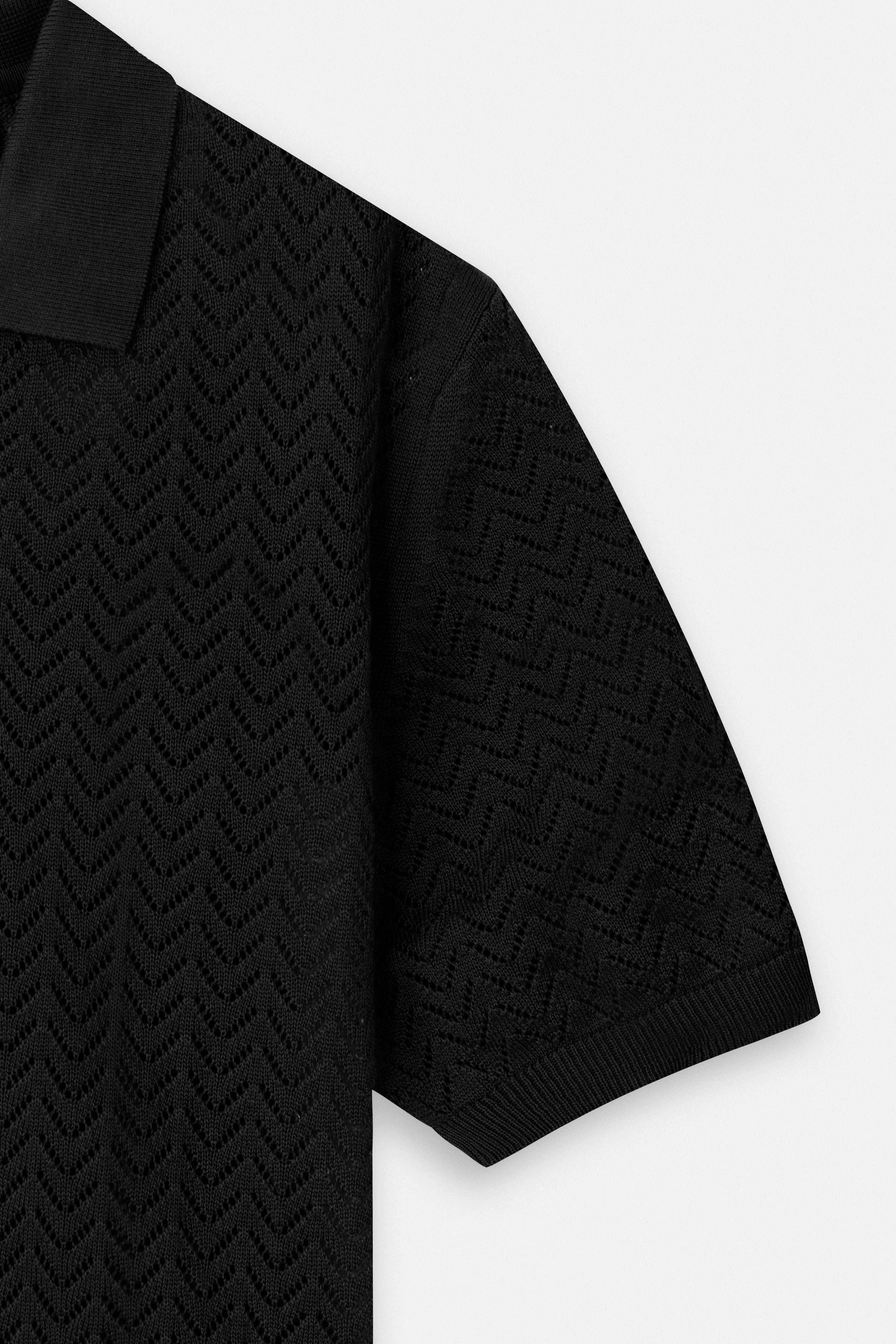 Open-Stitch Knitted Black V-Neck Polo