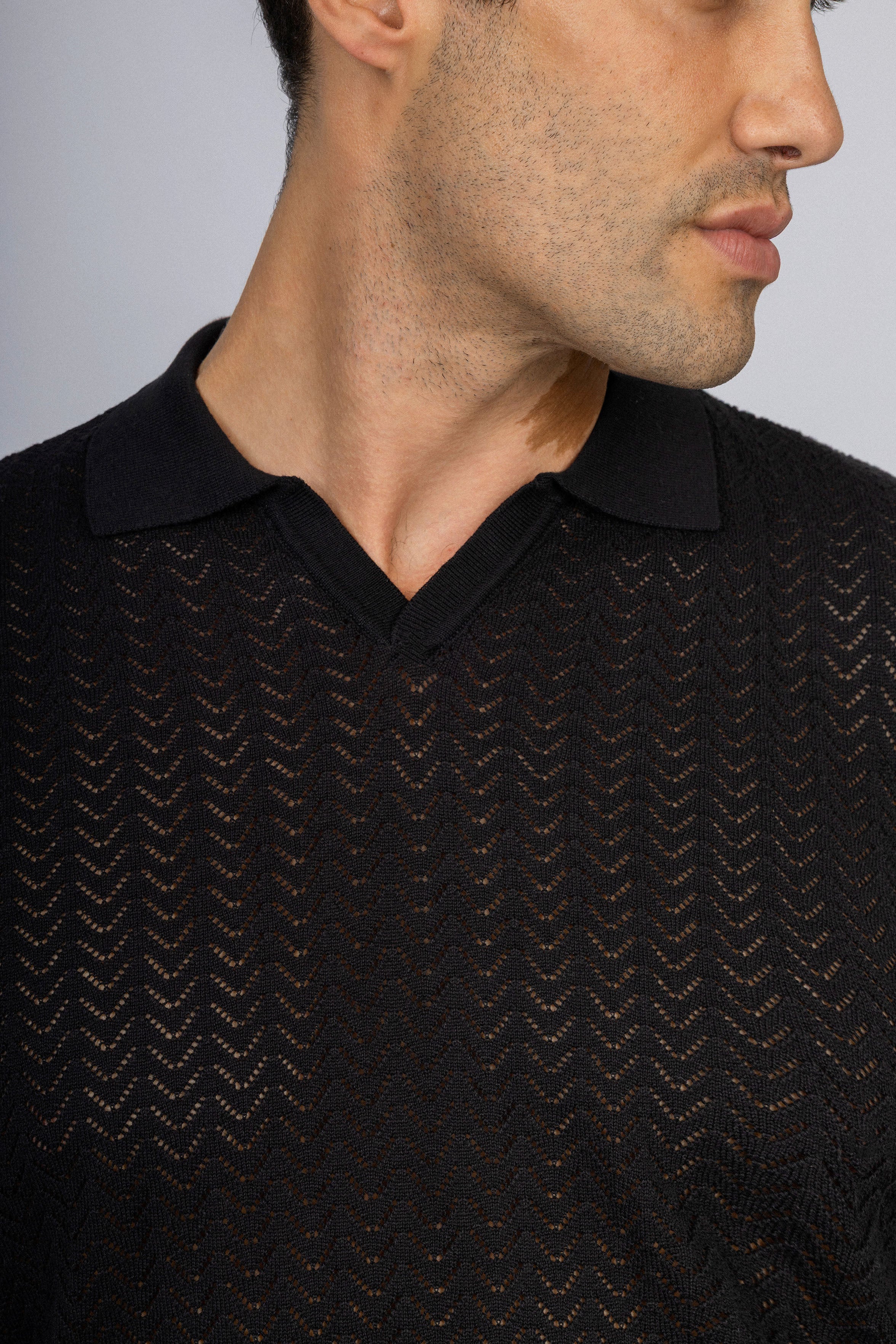 Open-Stitch Knitted Black V-Neck Polo