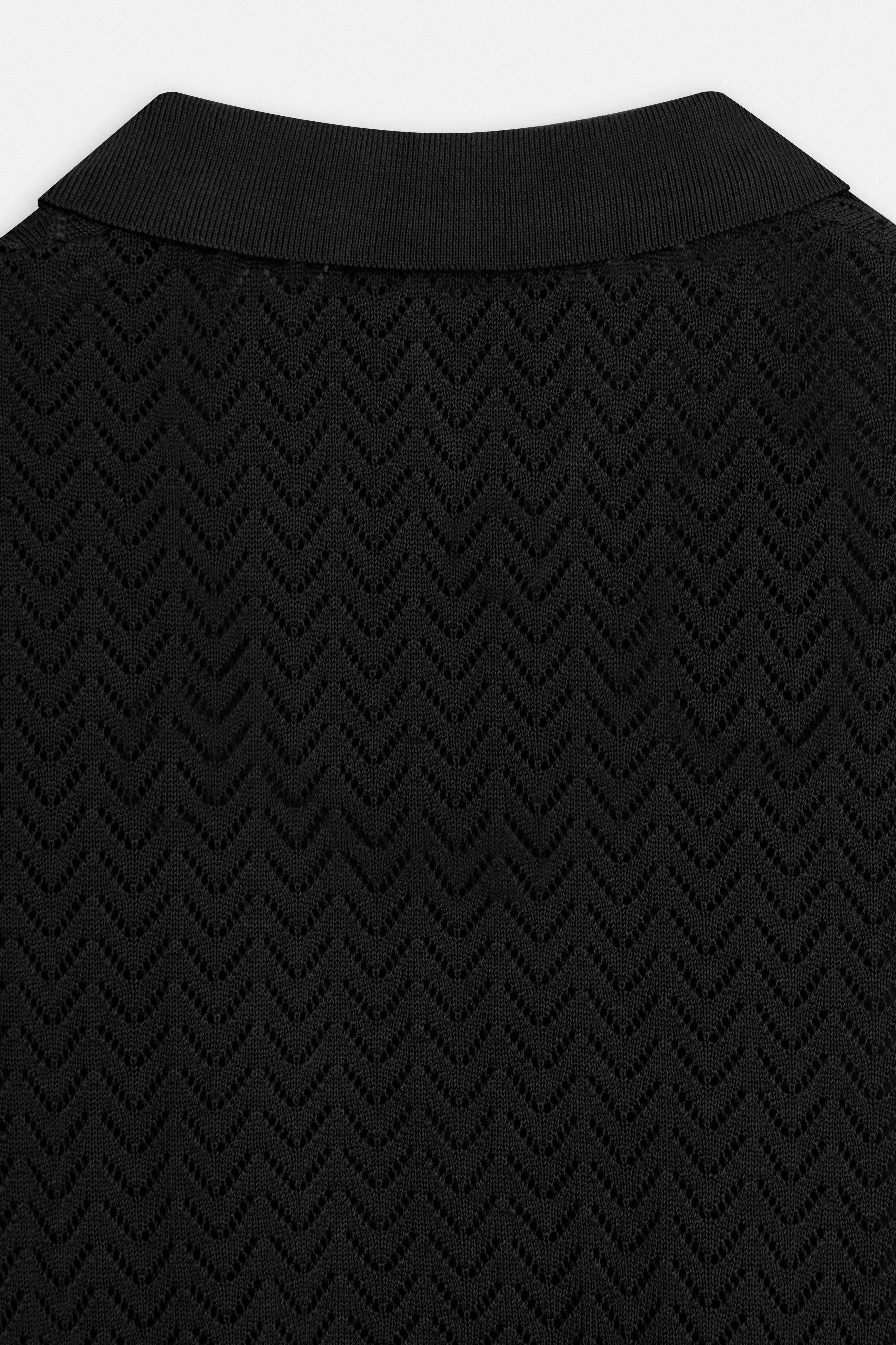Open-Stitch Knitted Black V-Neck Polo