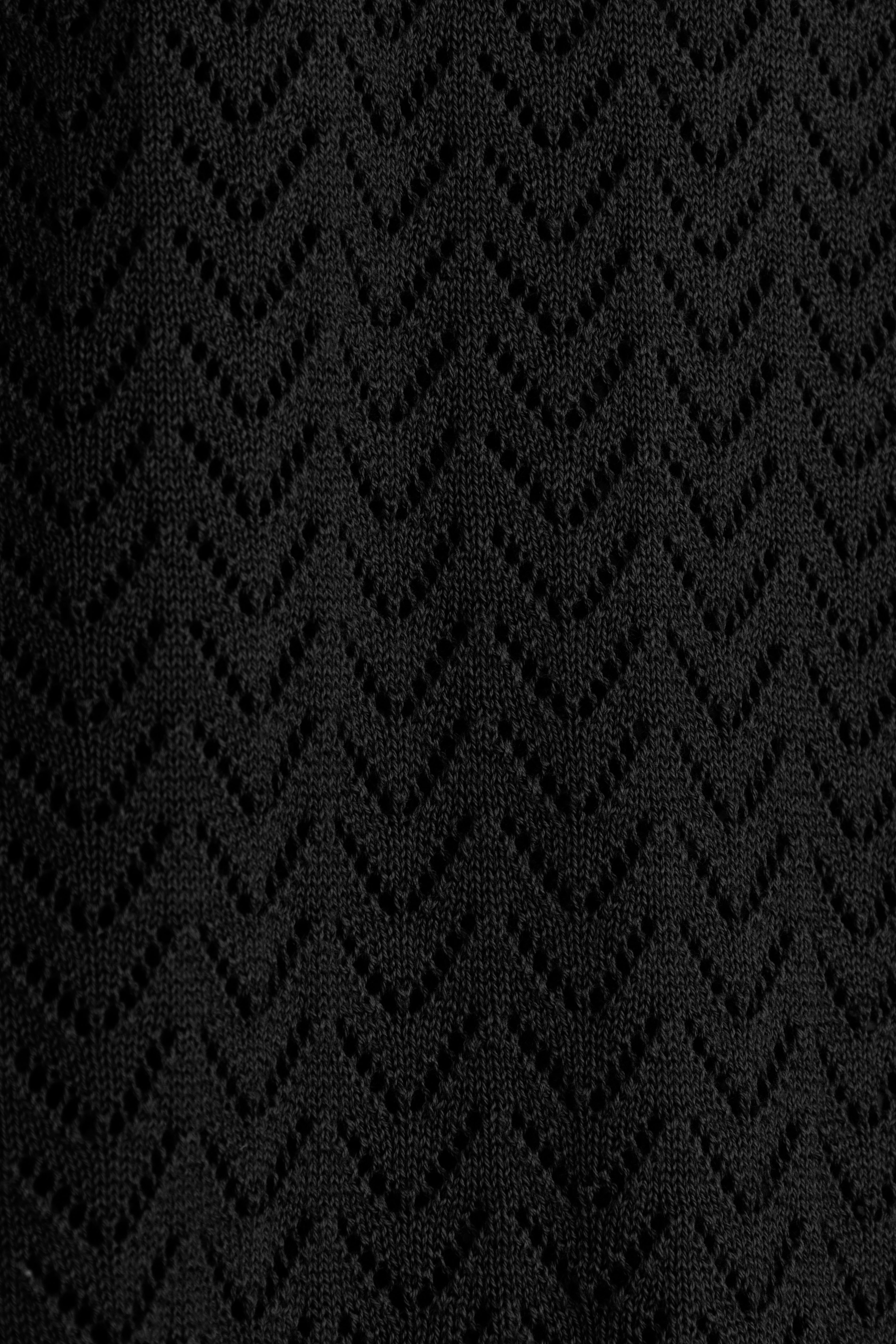 Open-Stitch Knitted Black V-Neck Polo