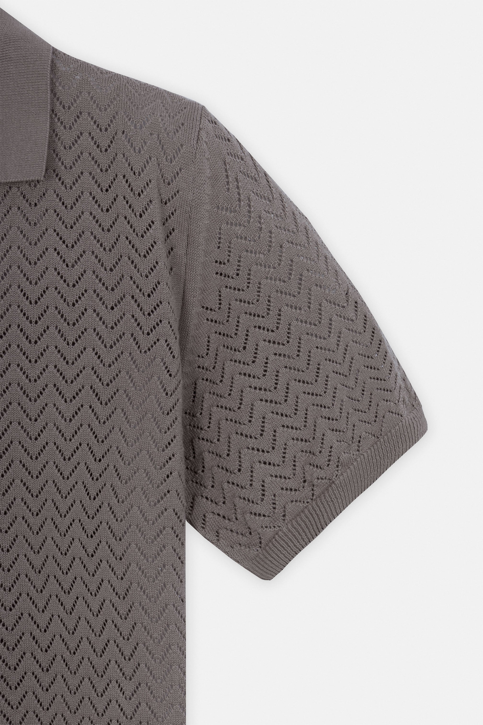 Open-Stitch Knitted Light Brown V-Neck Polo