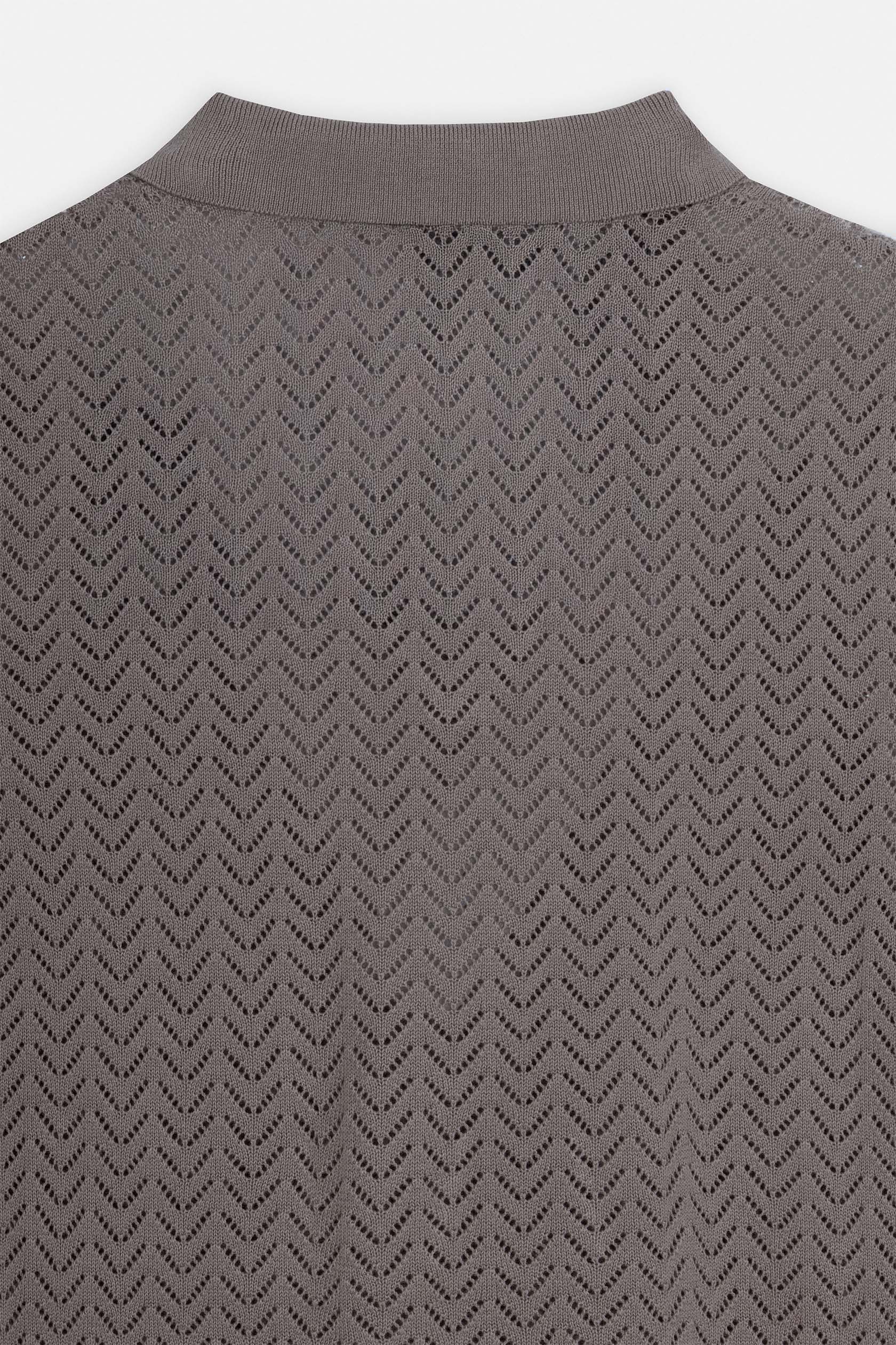 Open-Stitch Knitted Light Brown V-Neck Polo