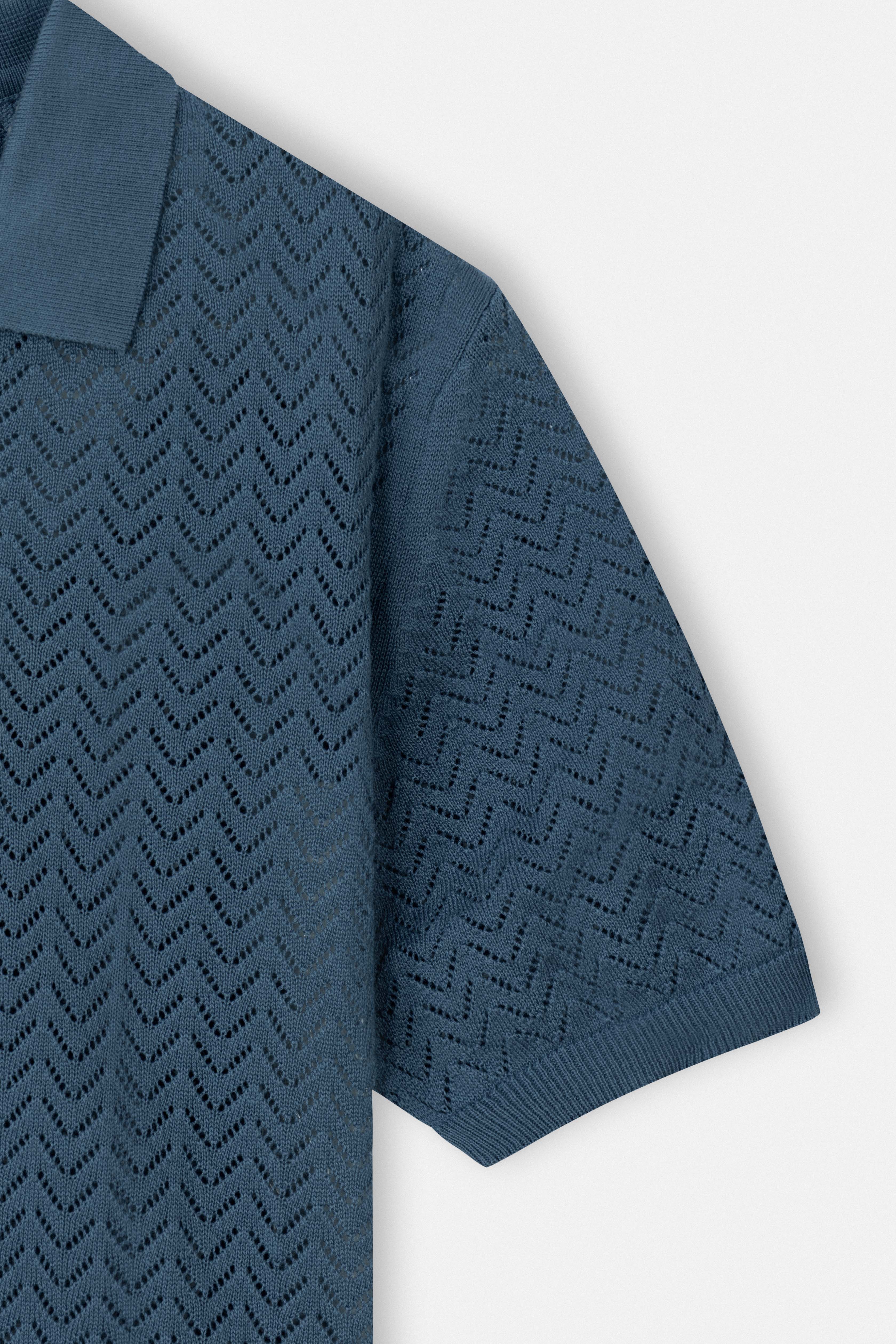 Open-Stitch Knitted Teal-Blue V-Neck Polo