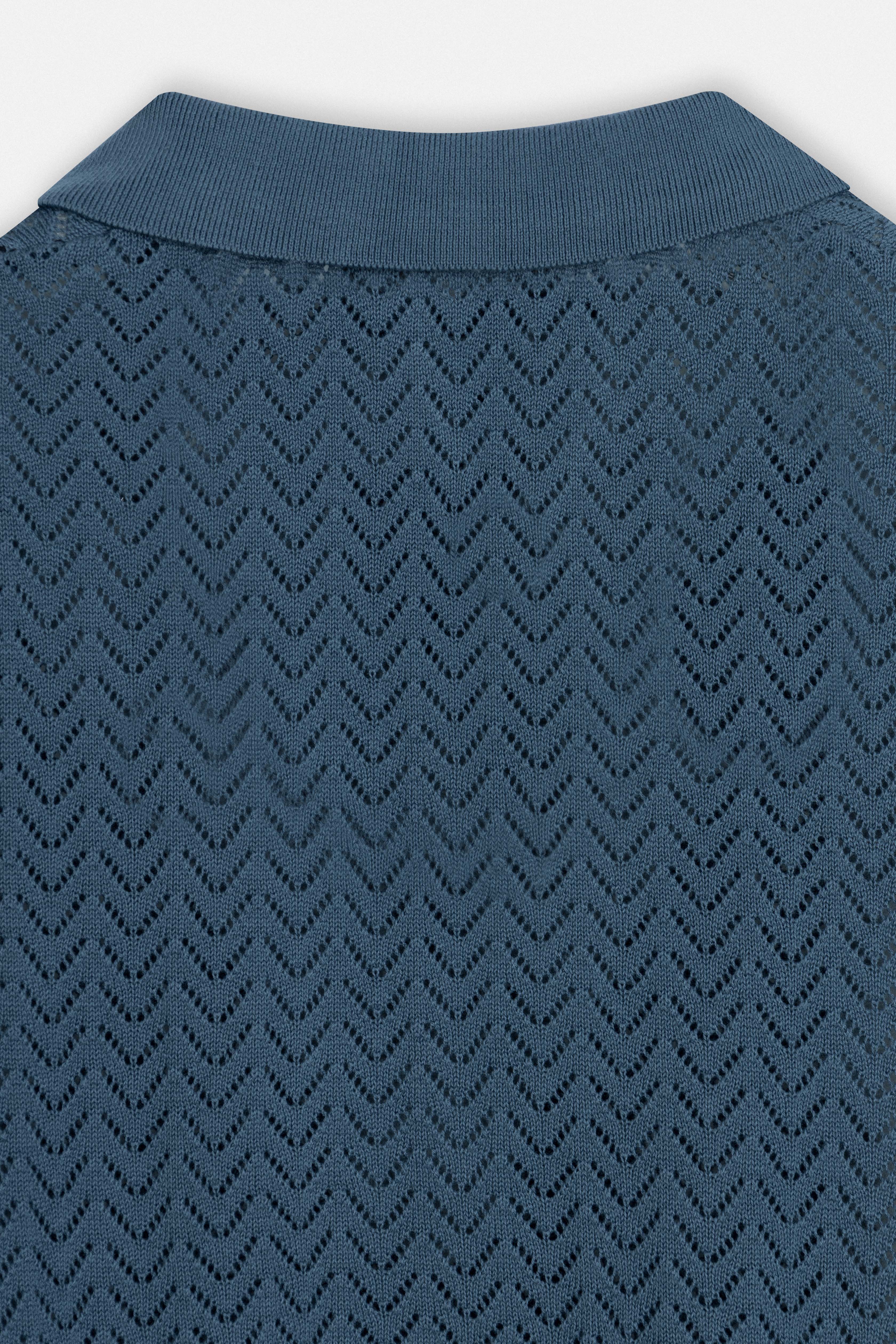 Open-Stitch Knitted Teal-Blue V-Neck Polo