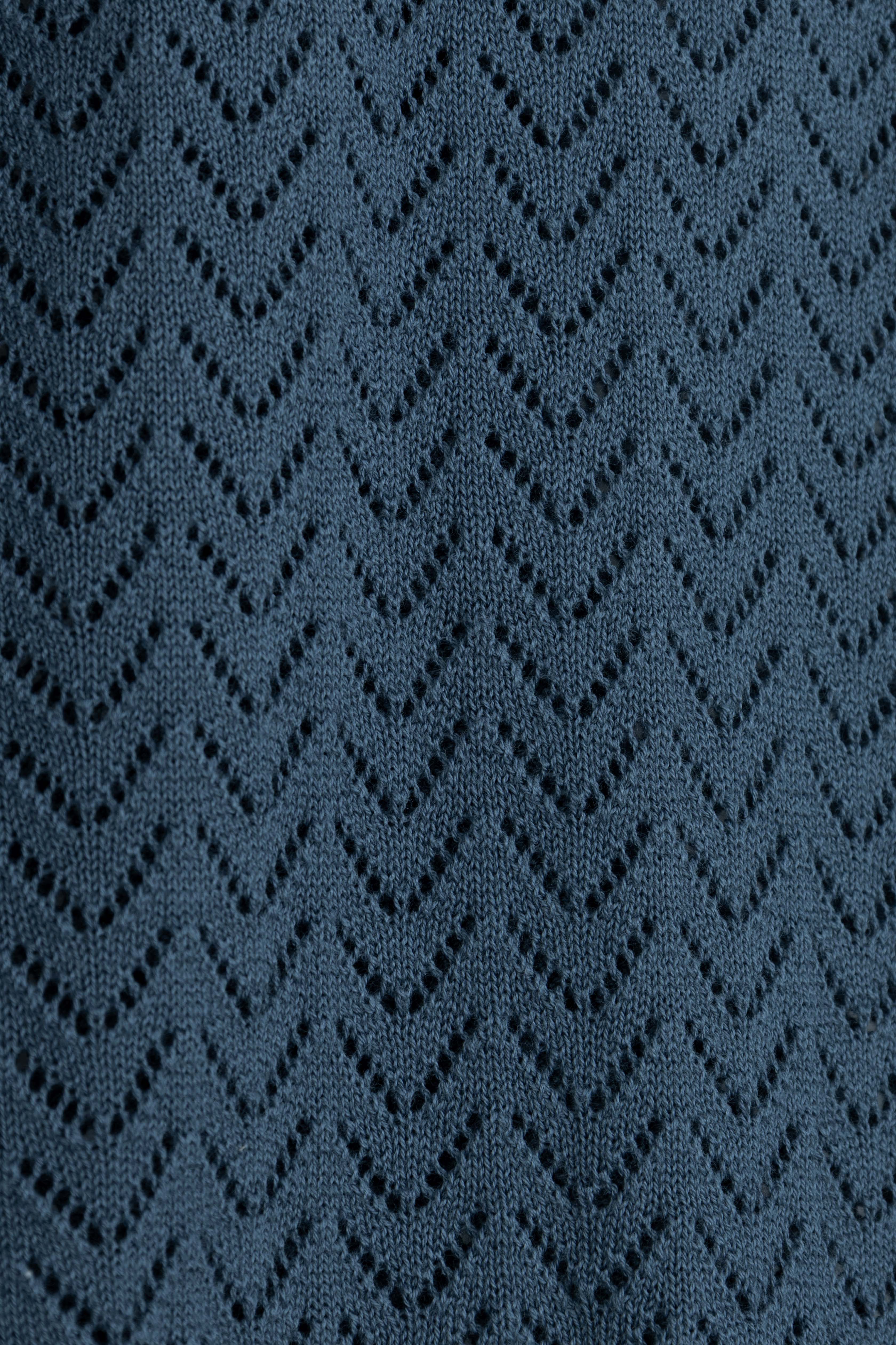 Open-Stitch Knitted Teal-Blue V-Neck Polo