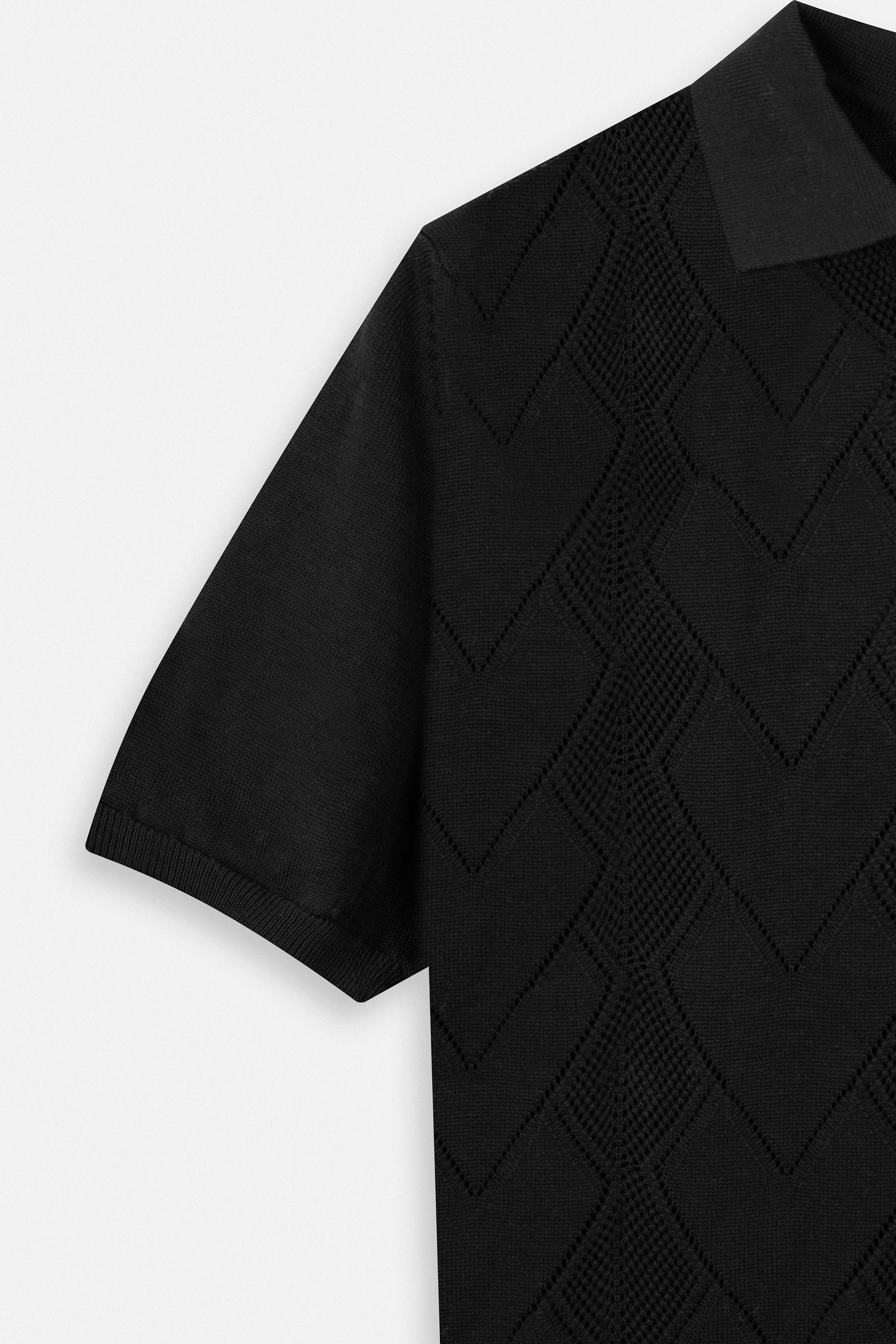 Knitted Black V neck Polo