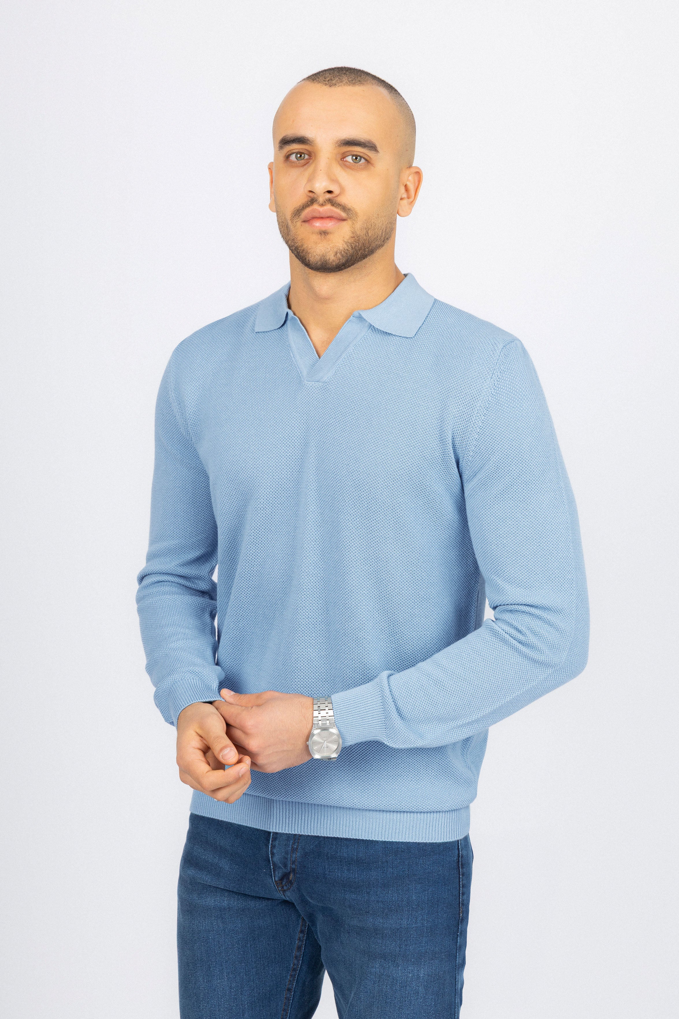 Light Blue Knitted Polo Pullover