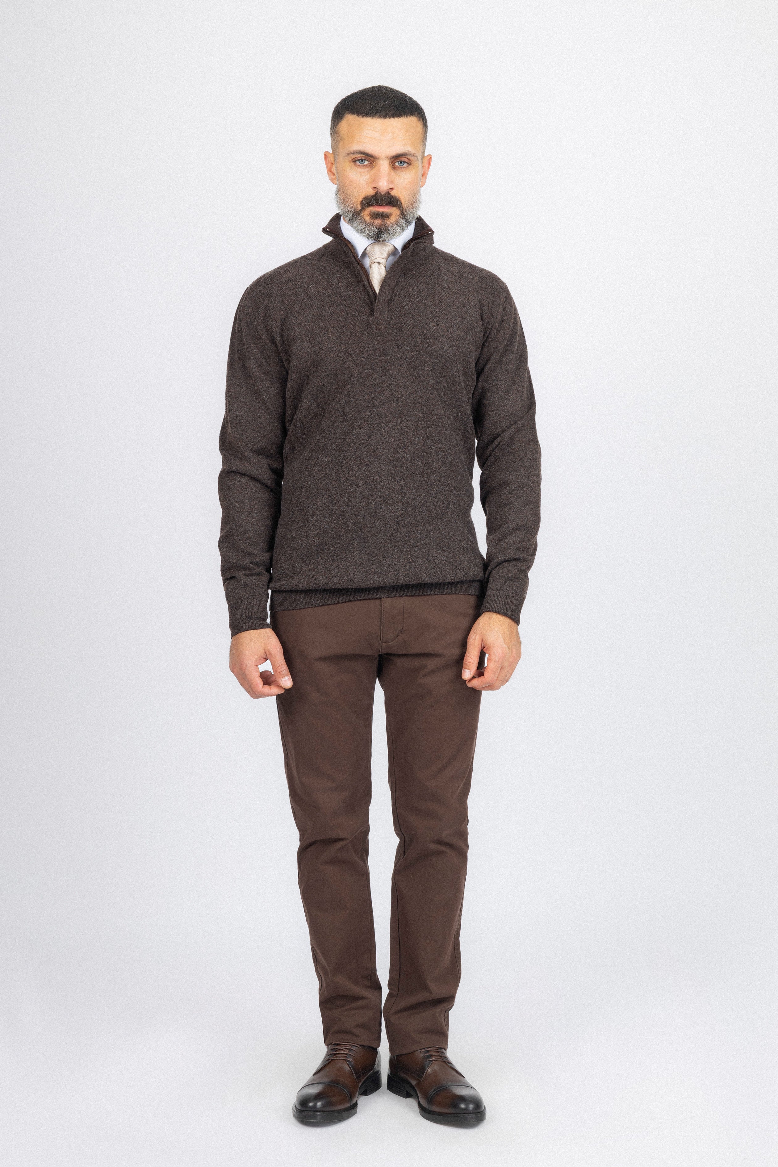 Dark Brown Knitted Quarter-Zipper Pullover