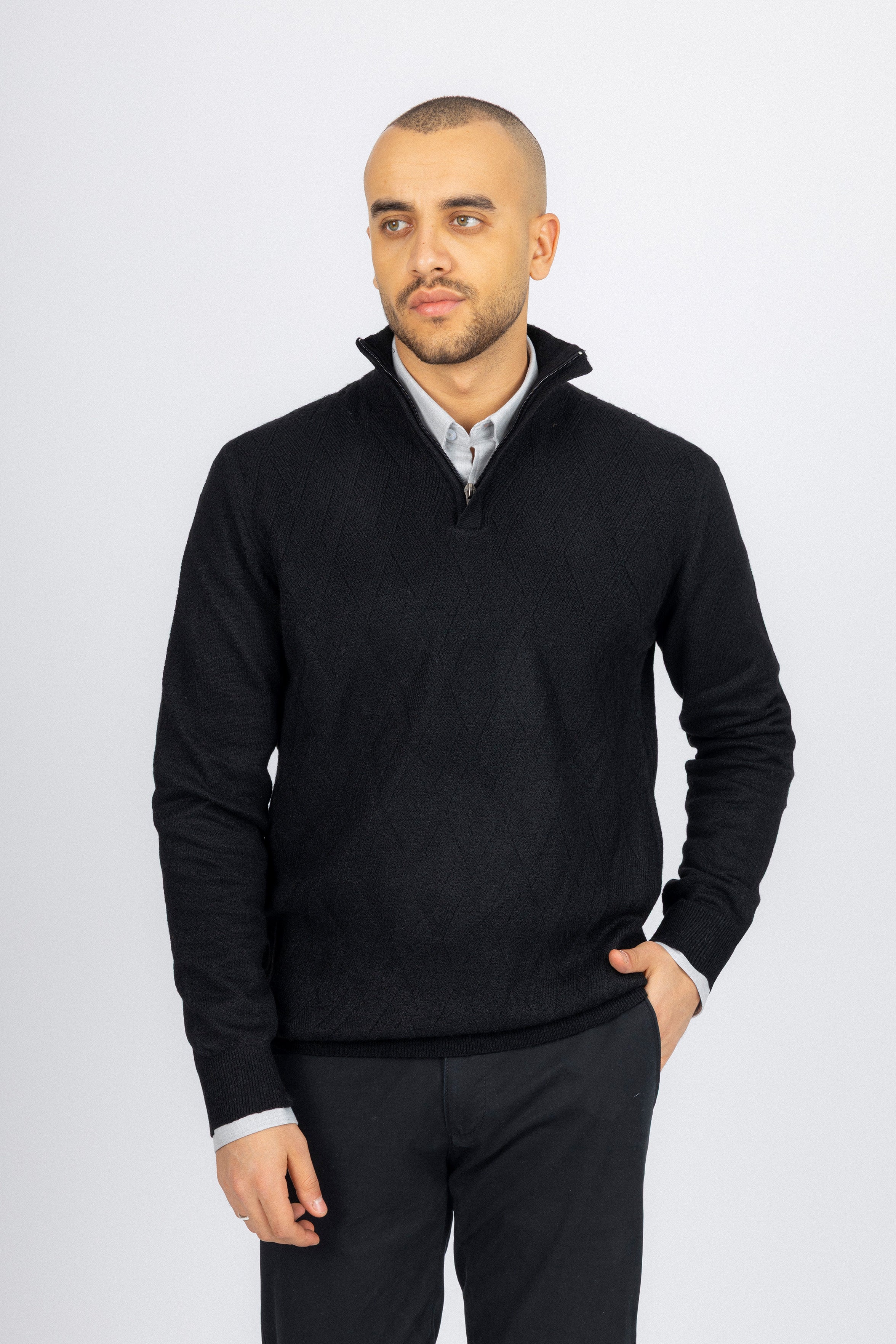 Black Knitted Quarter-Zipper Pullover