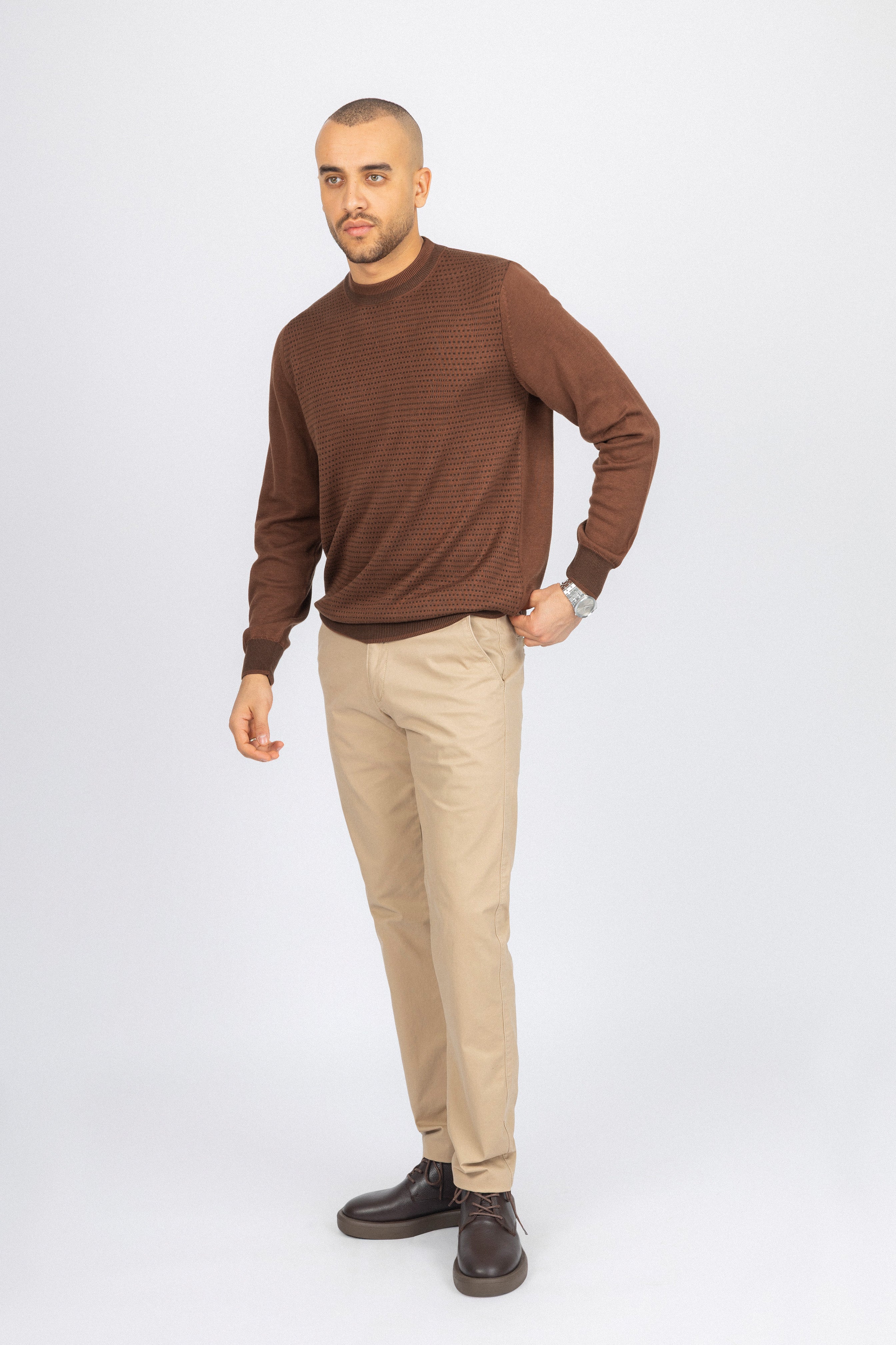 Jacquard Brown Crew Neck Pullover
