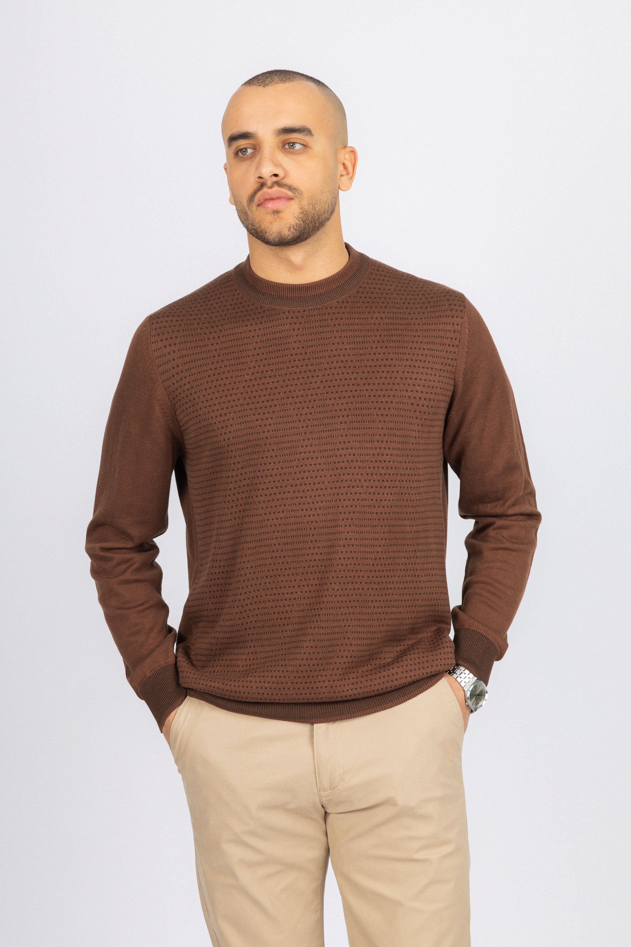 Jacquard Brown Crew Neck Pullover