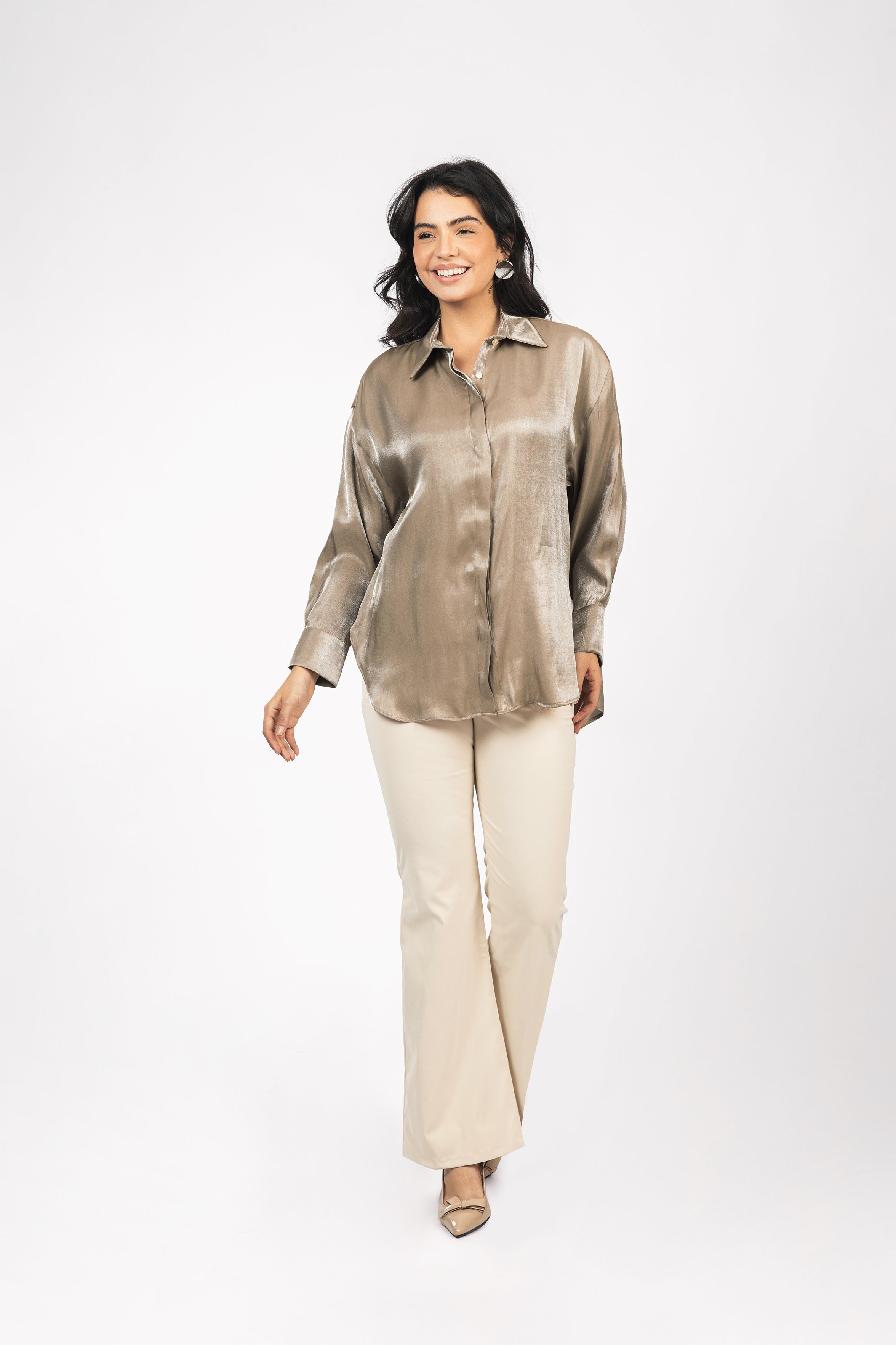 Dark Beige Sheen Chiffon Classic Shirt