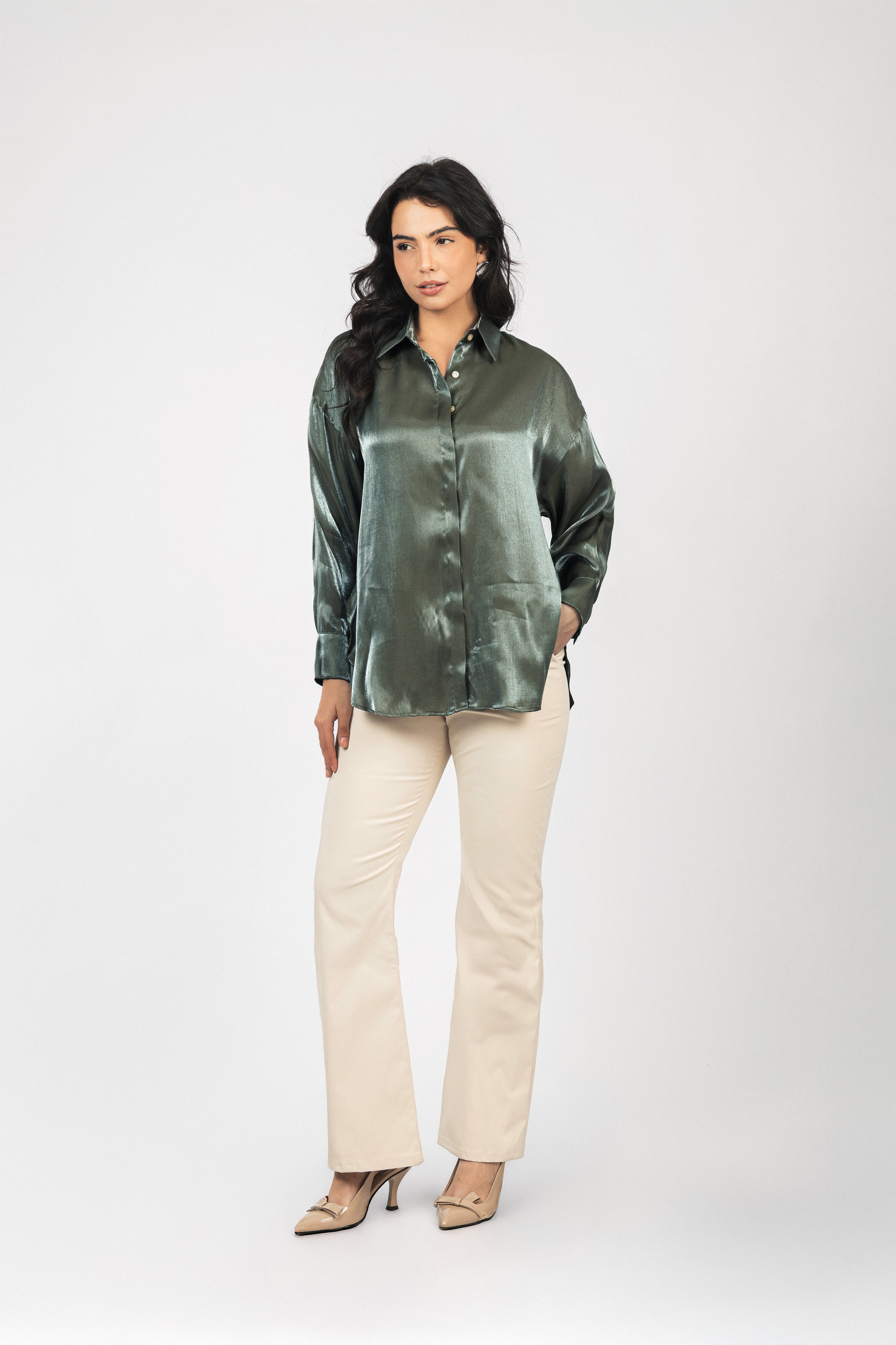Dark Green Sheen Chiffon Classic Shirt