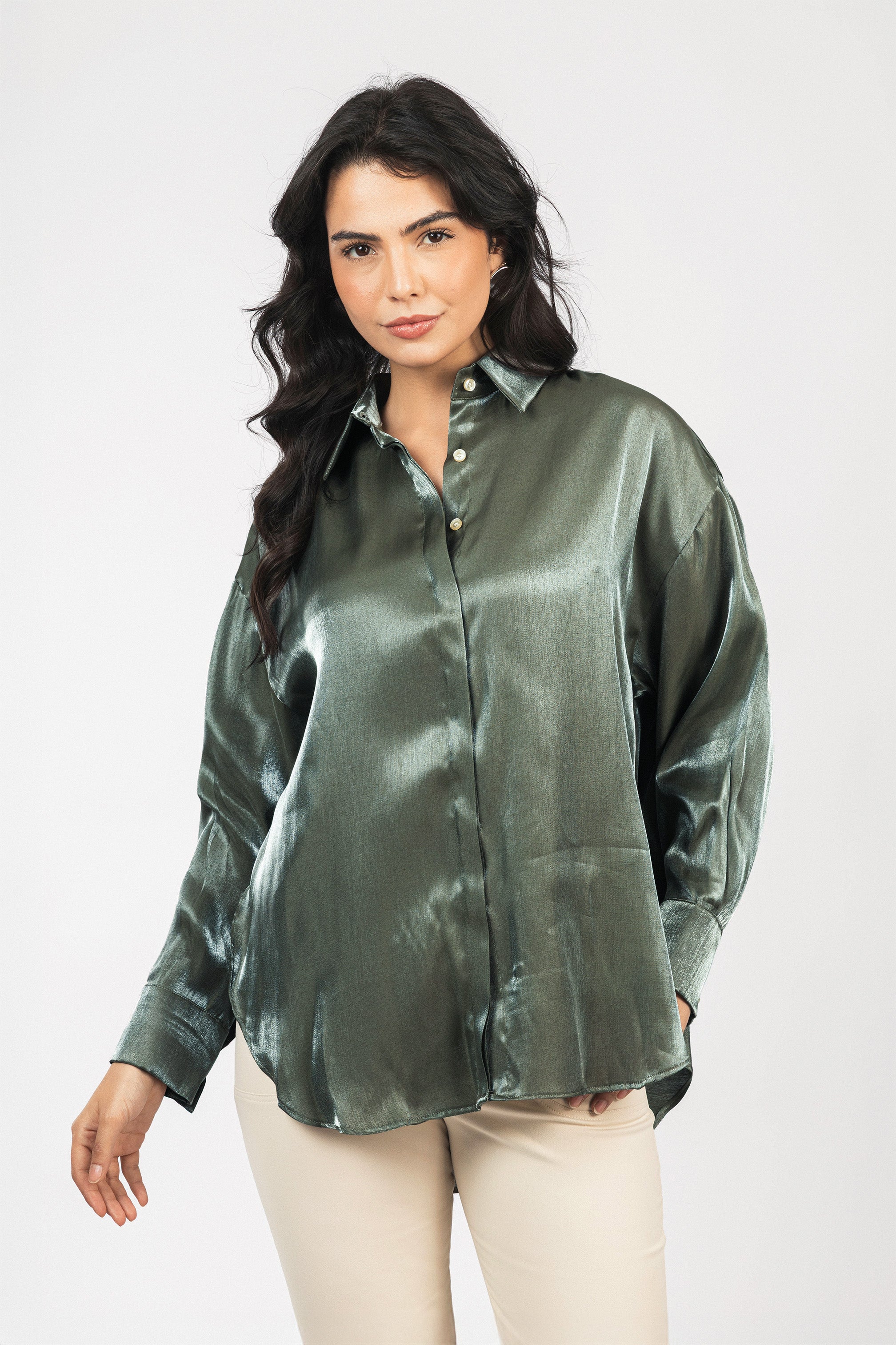 Dark Green Sheen Chiffon Classic Shirt